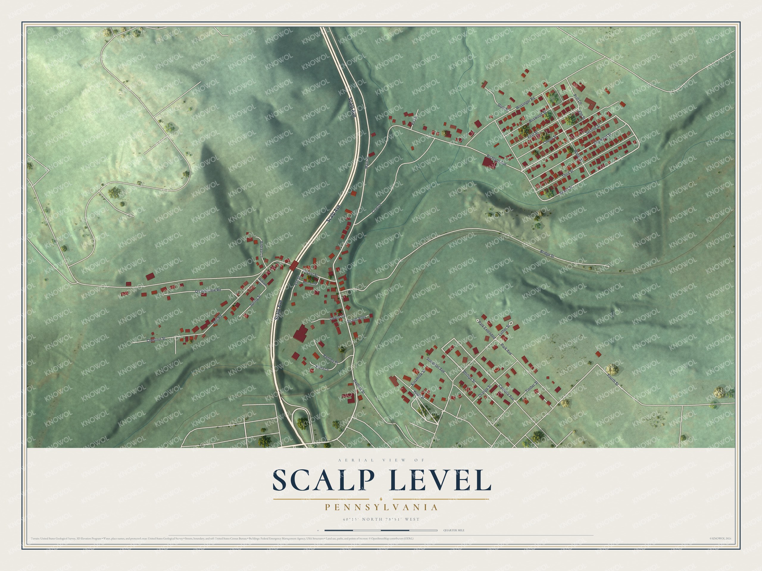 Full map of Scalp Level, Pennsylvania, with red buildings, printed street names and the land around them