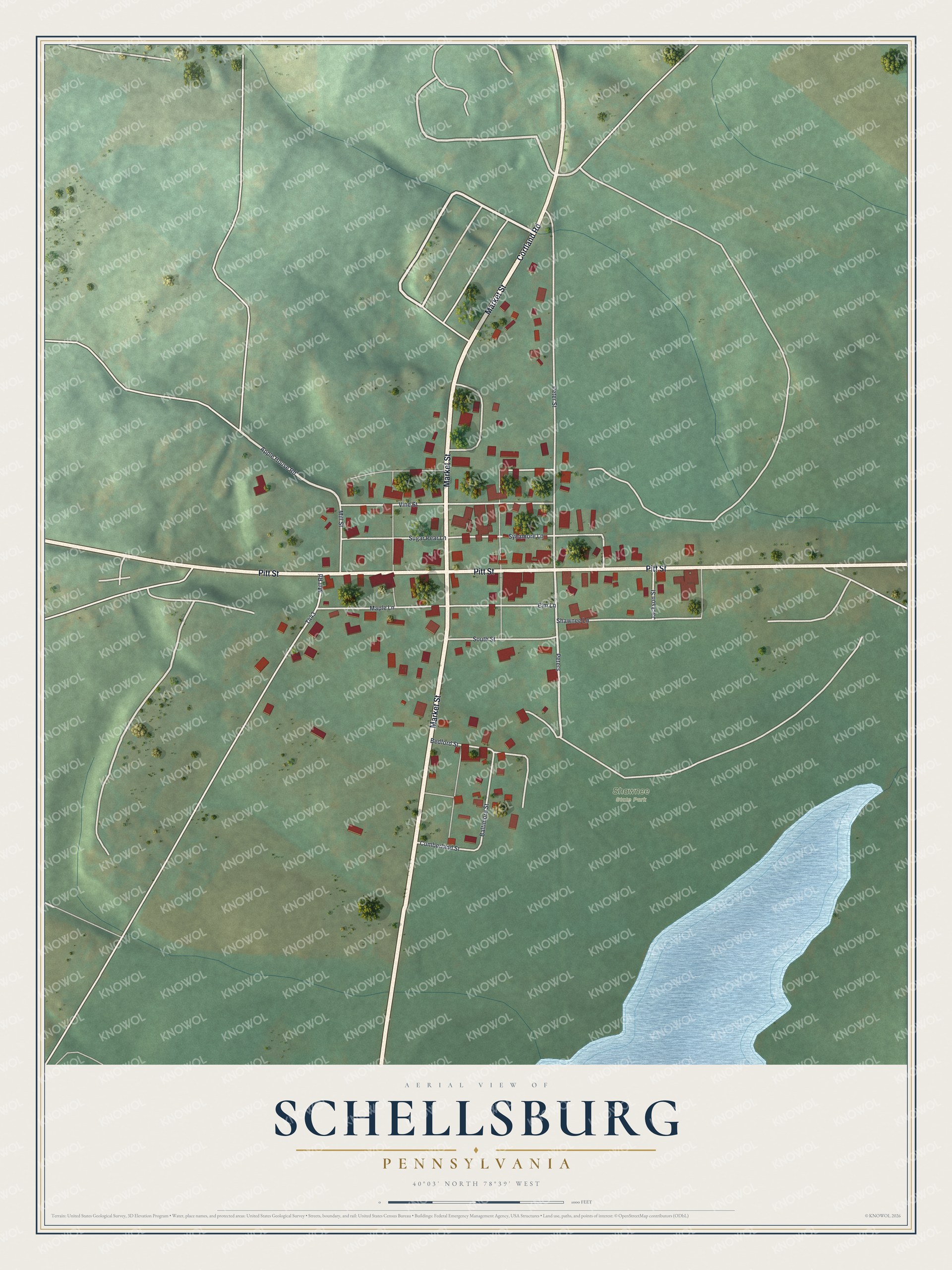 Full map of Schellsburg, Pennsylvania, with red buildings, printed street names and the land around them