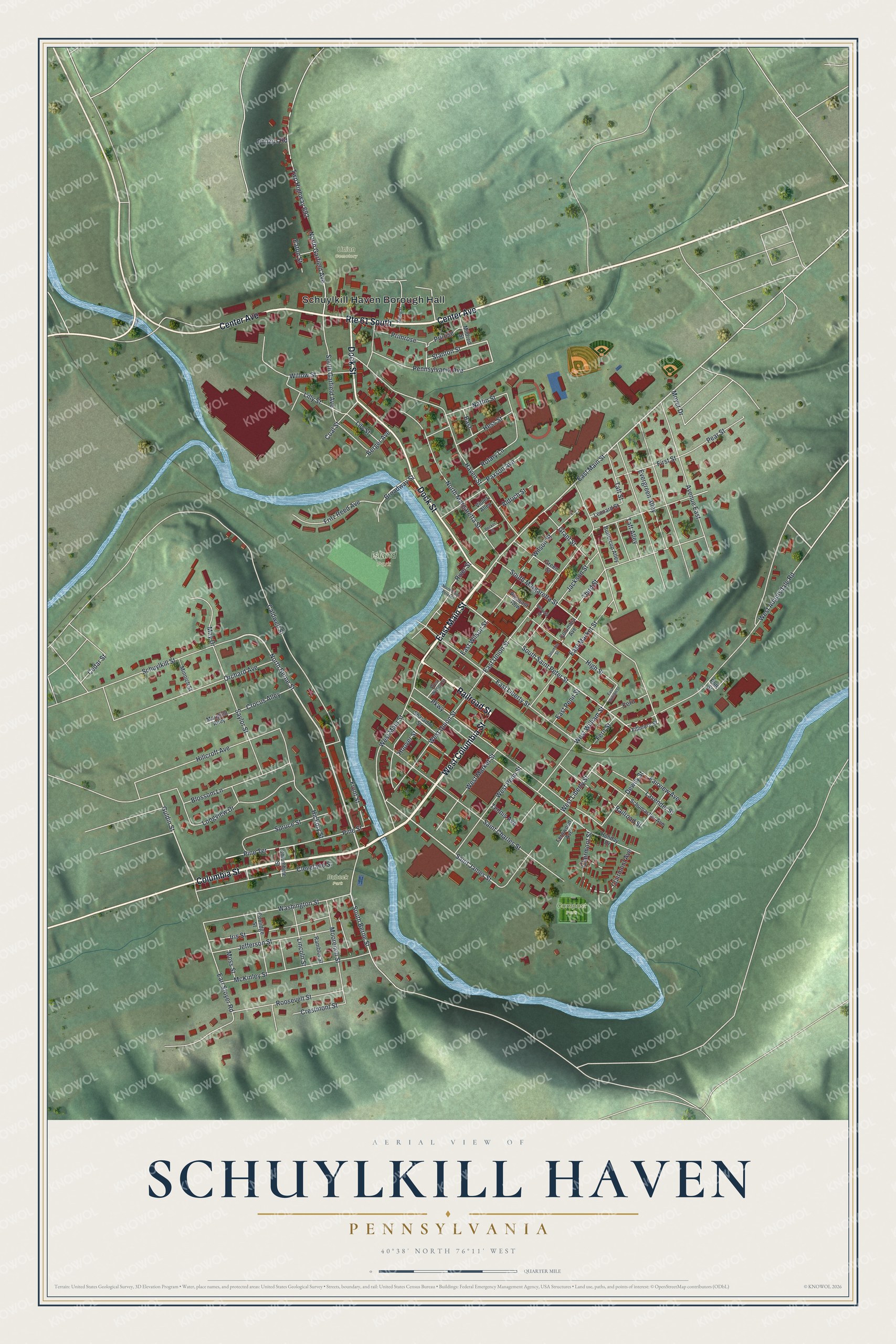 Full map of Schuylkill Haven, Pennsylvania, with red buildings, printed street names and the land around them