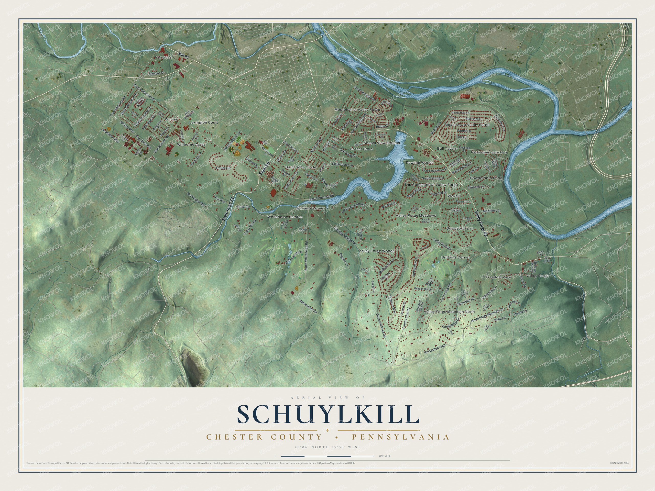 Full map of Schuylkill, Chester County, Pennsylvania, with red buildings, printed street names and the land around them