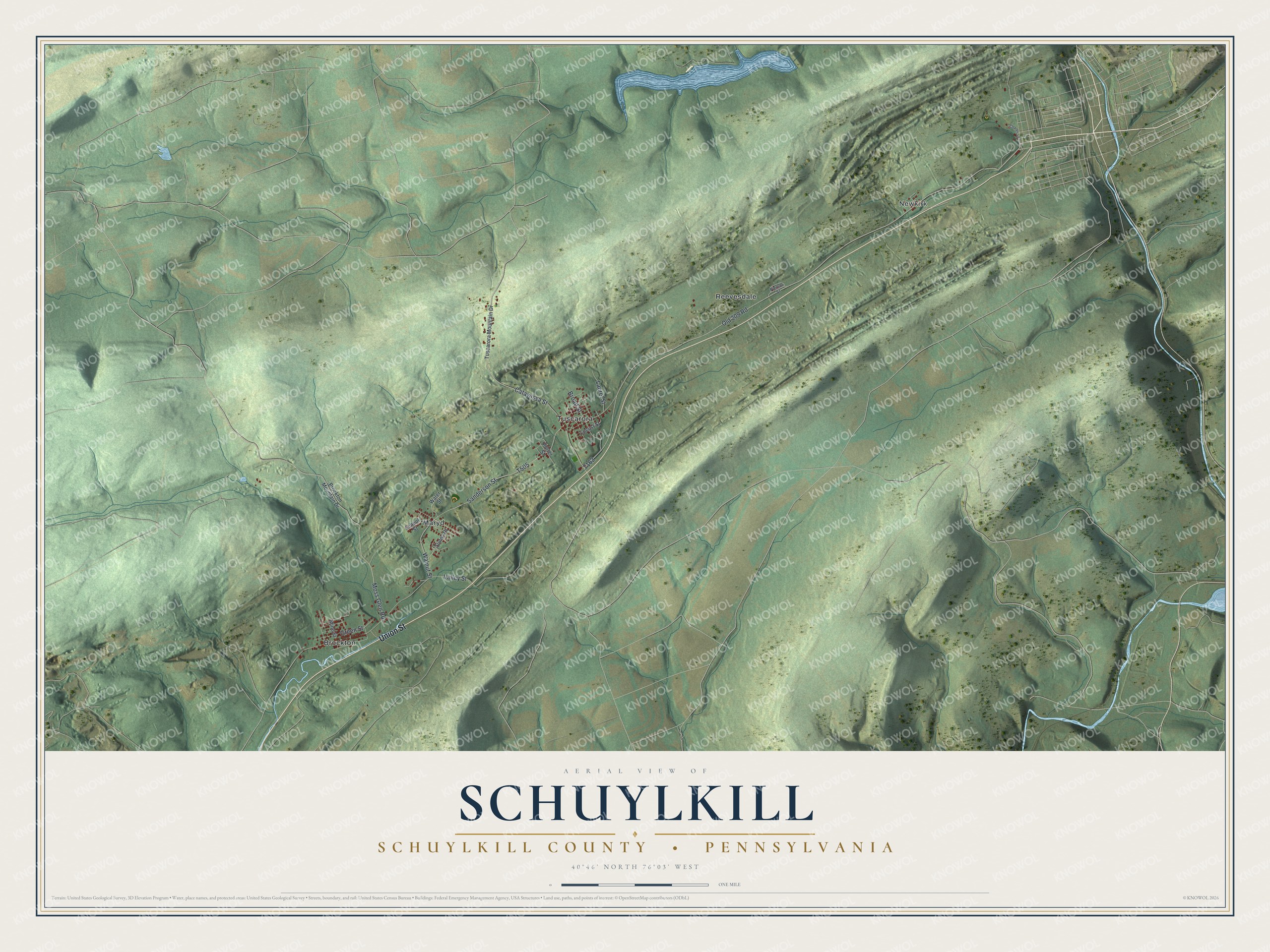 Full map of Schuylkill, Schuylkill County, Pennsylvania, with red buildings, printed street names and the land around them