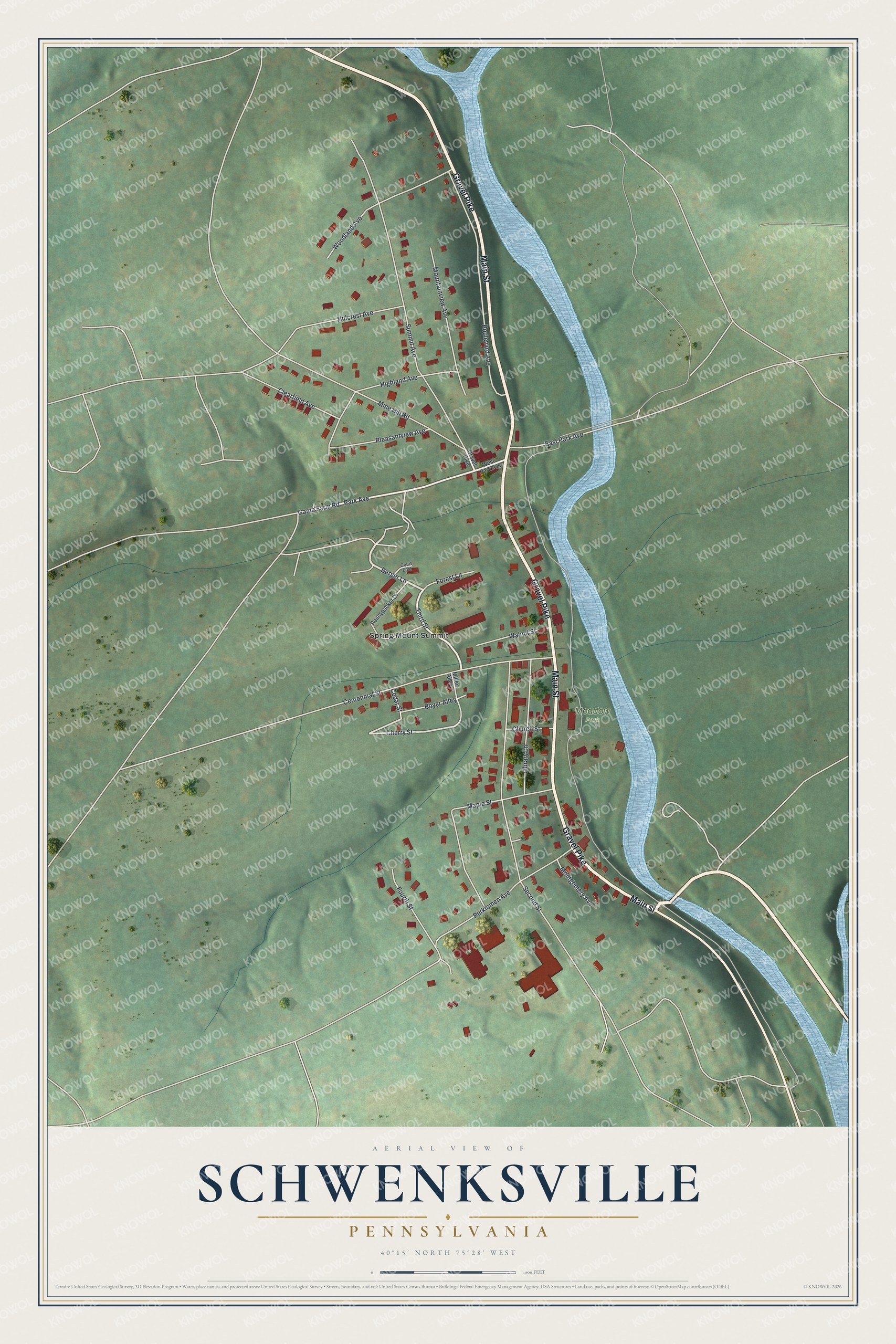 Full map of Schwenksville, Pennsylvania, with red buildings, printed street names and the land around them
