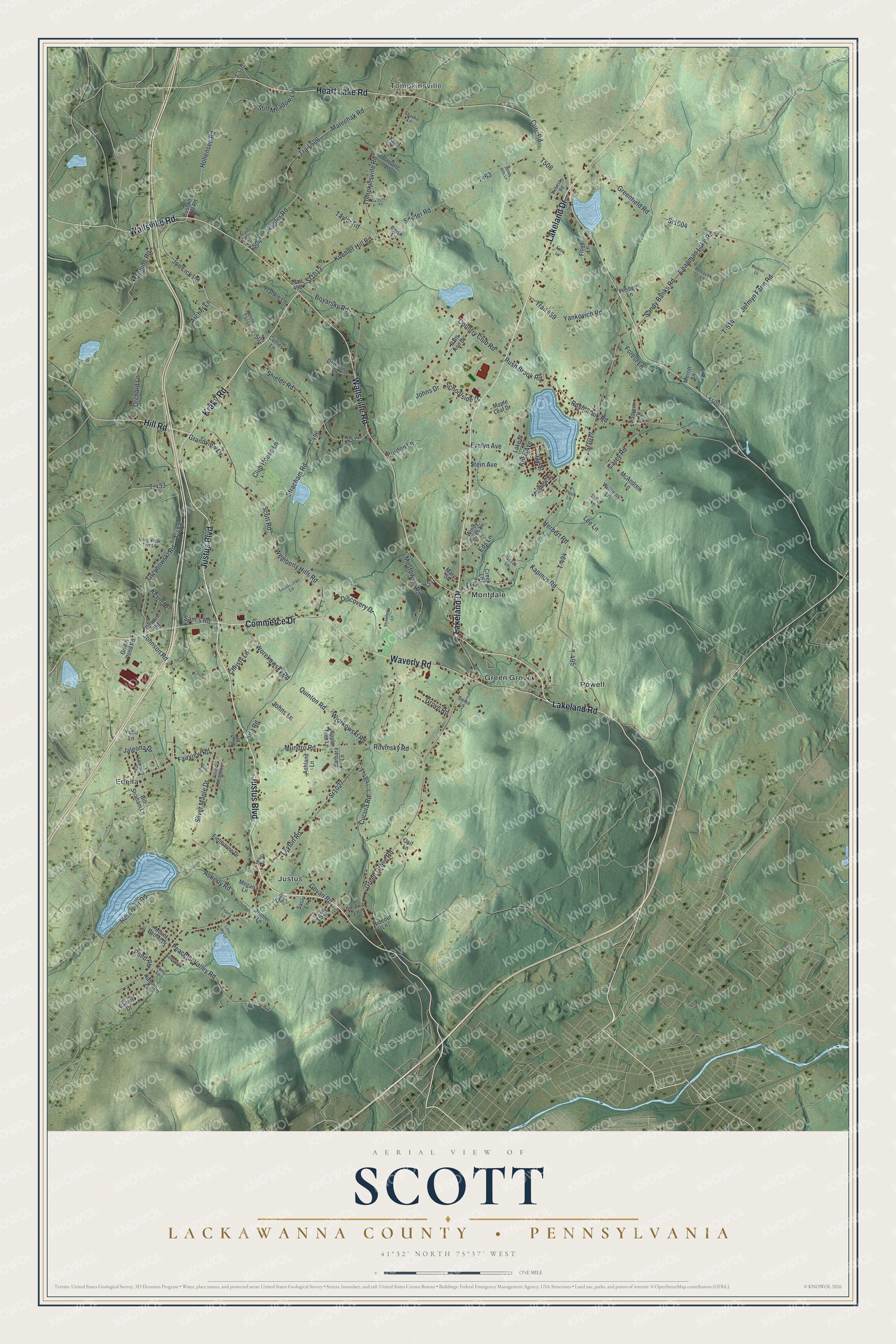 Full map of Scott, Lackawanna County, Pennsylvania, with red buildings, printed street names and the land around them