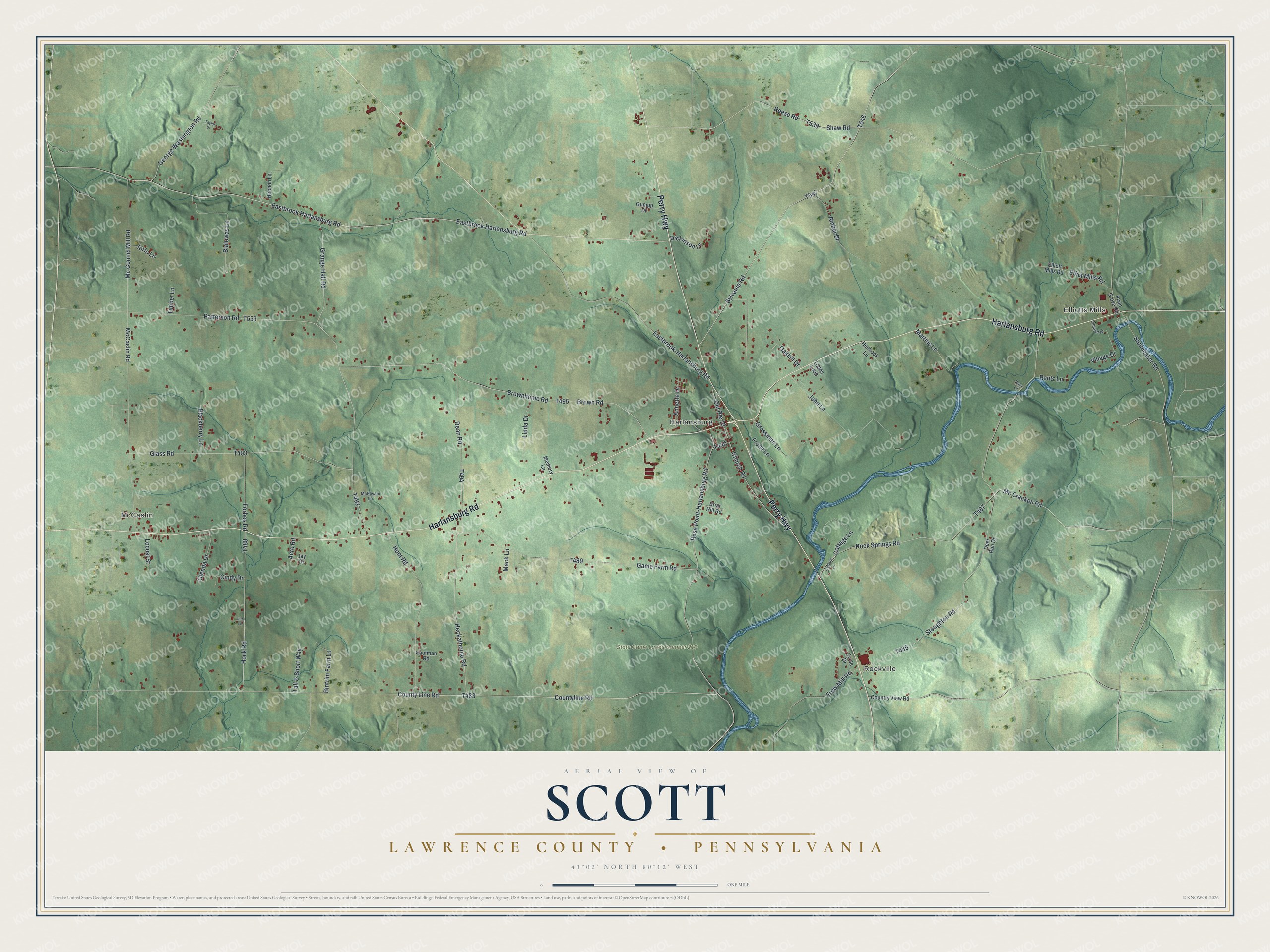Full map of Scott, Lawrence County, Pennsylvania, with red buildings, printed street names and the land around them