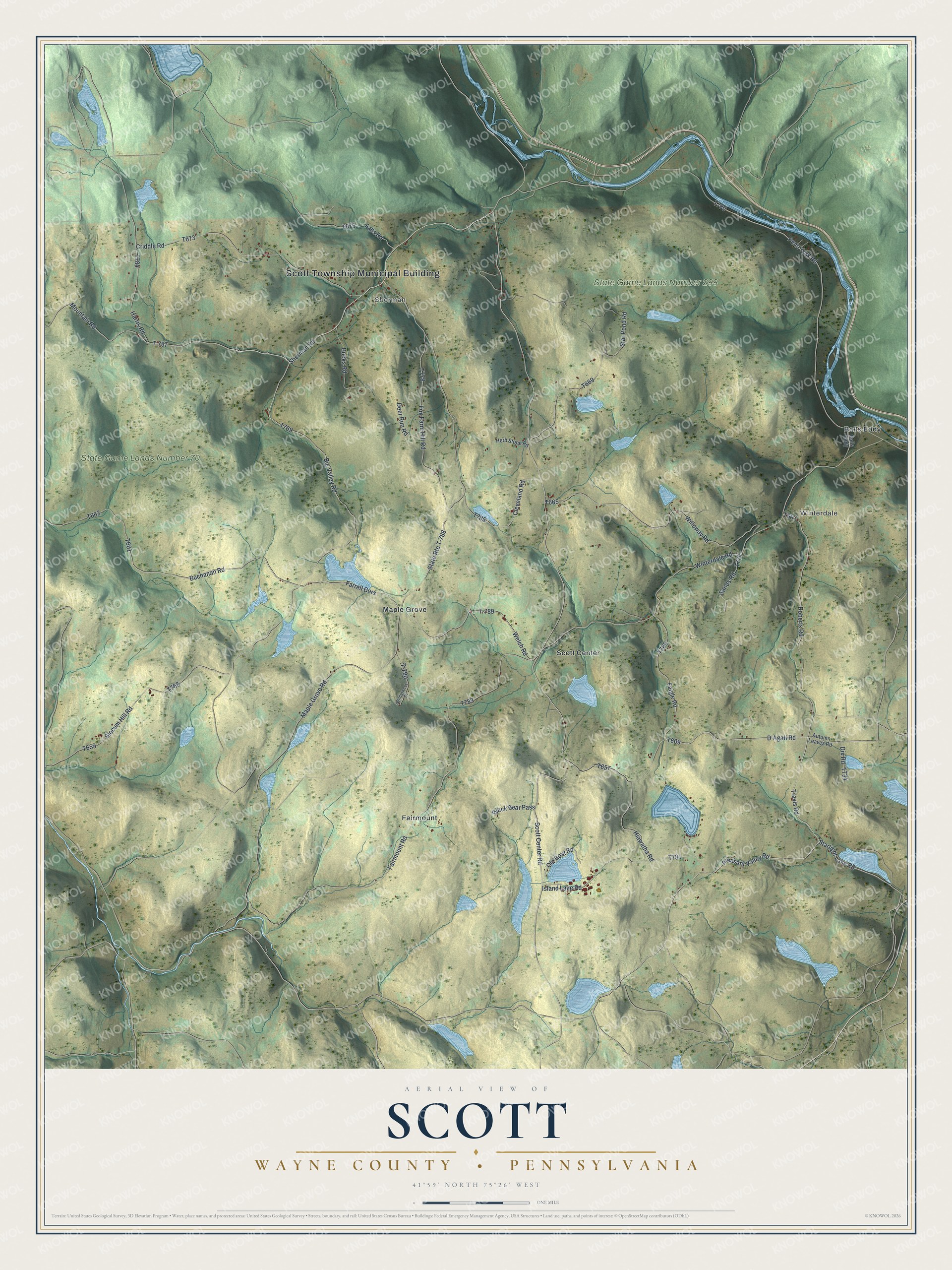 Full map of Scott, Wayne County, Pennsylvania, with red buildings, printed street names and the land around them