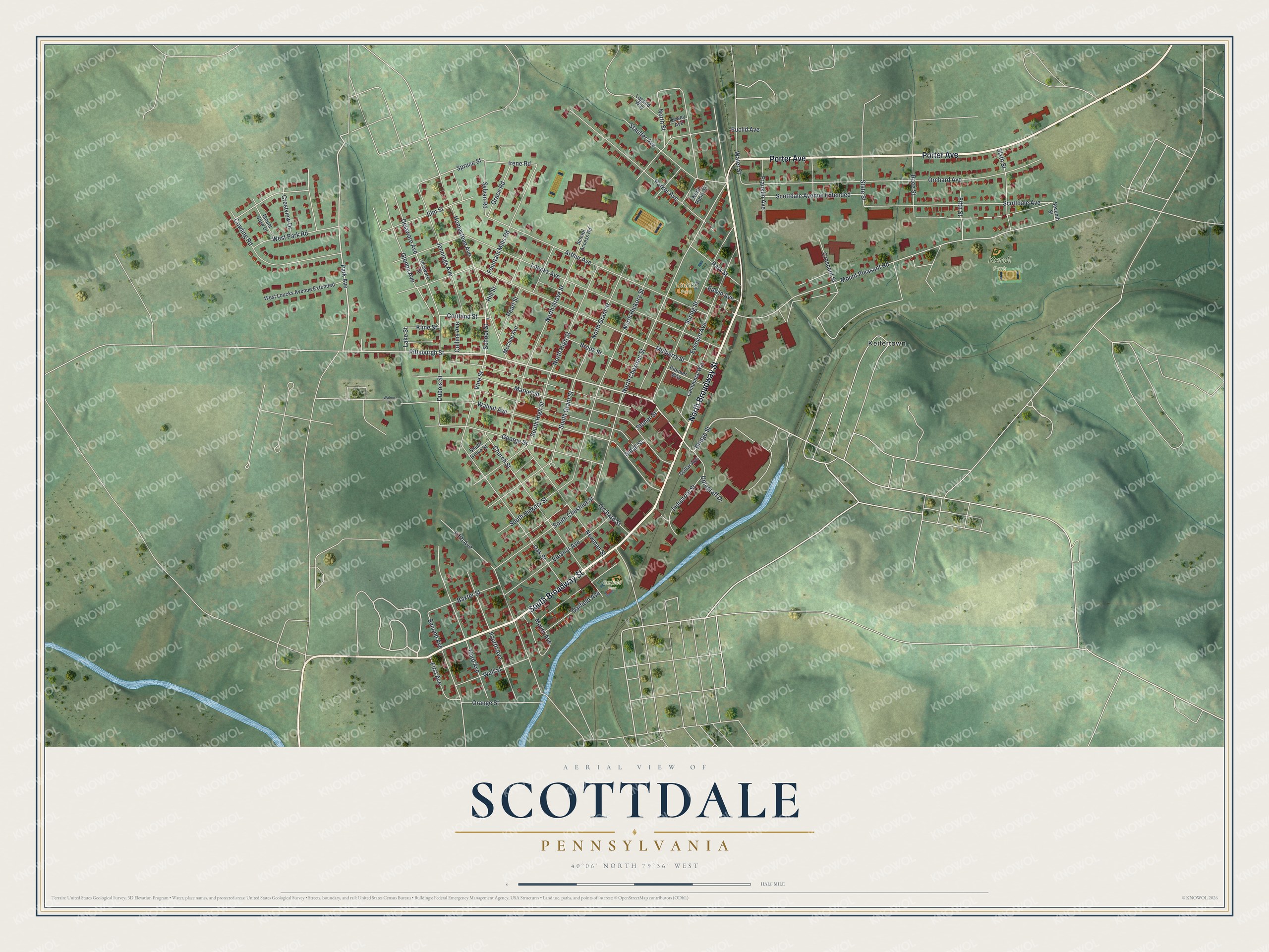 Full map of Scottdale, Pennsylvania, with red buildings, printed street names and the land around them