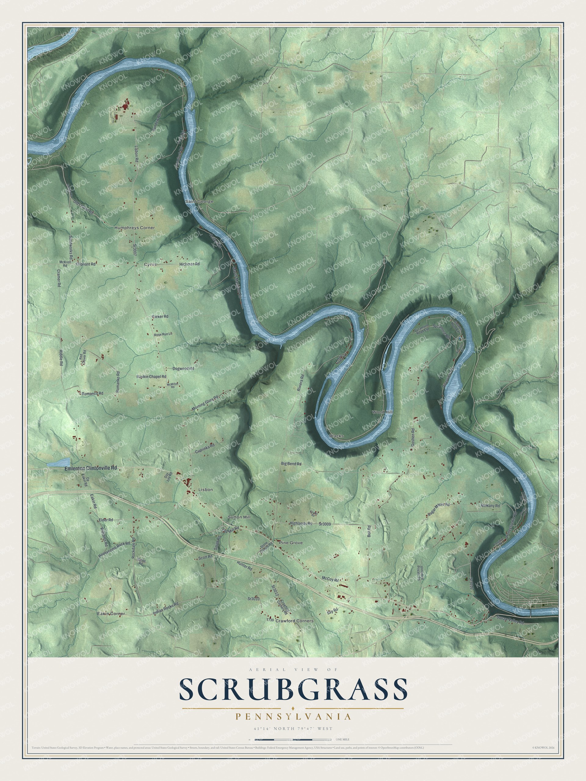 Full map of Scrubgrass, Pennsylvania, with red buildings, printed street names and the land around them