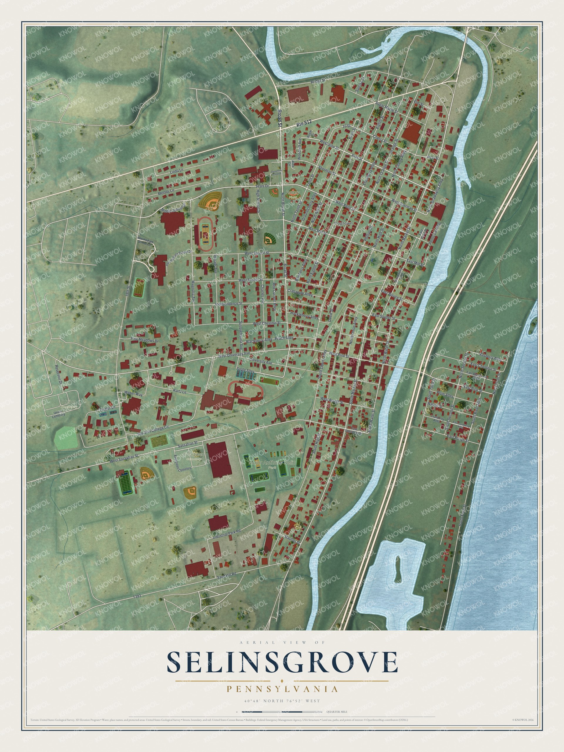 Full aerial map of Selinsgrove with red buildings, green fields, blue waterways and a cream title panel beneath the street grid