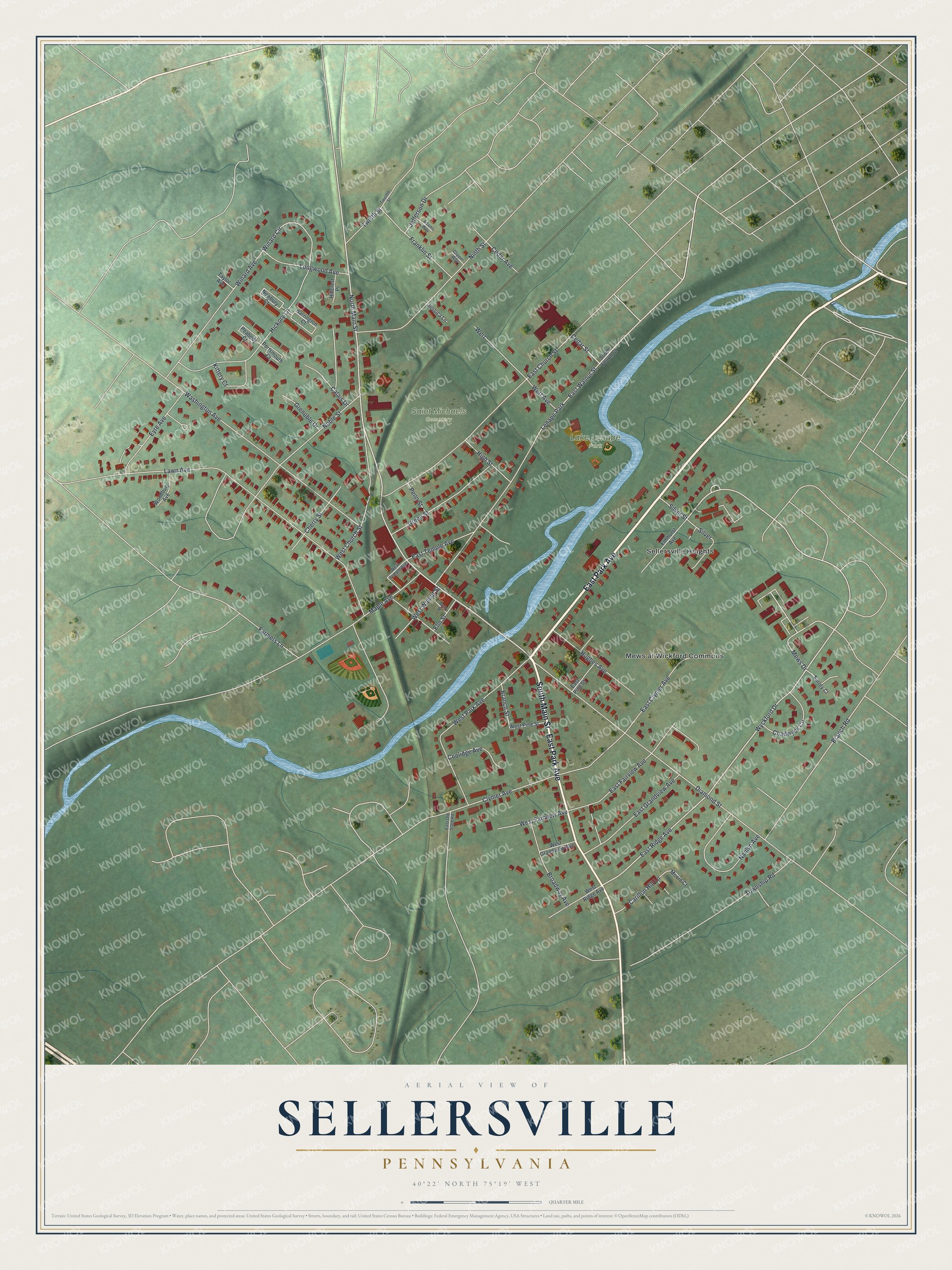 Full map of Sellersville, Pennsylvania, with red buildings, printed street names and the land around them