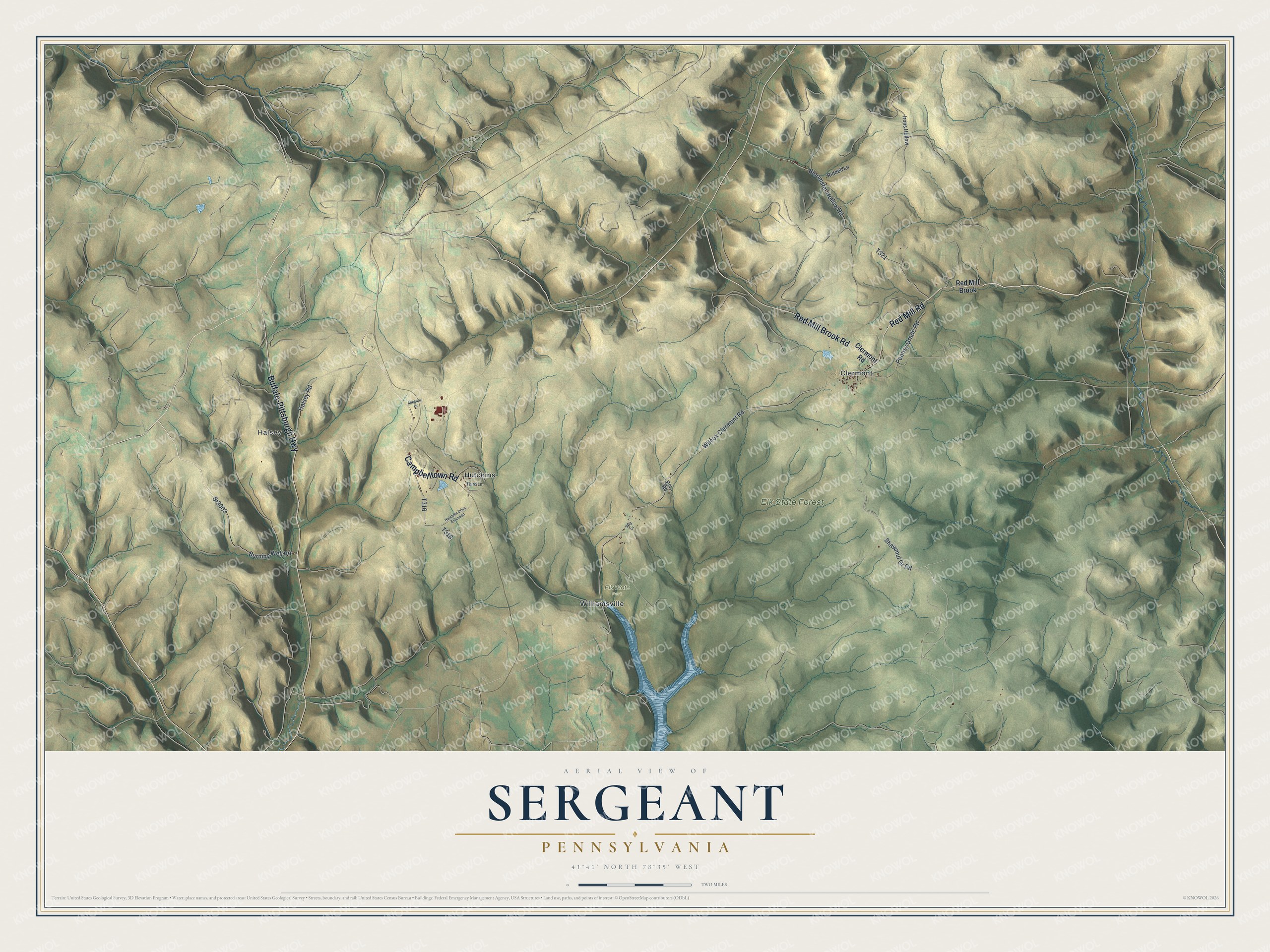 Full map of Sergeant, Pennsylvania, with red buildings, printed street names and the land around them