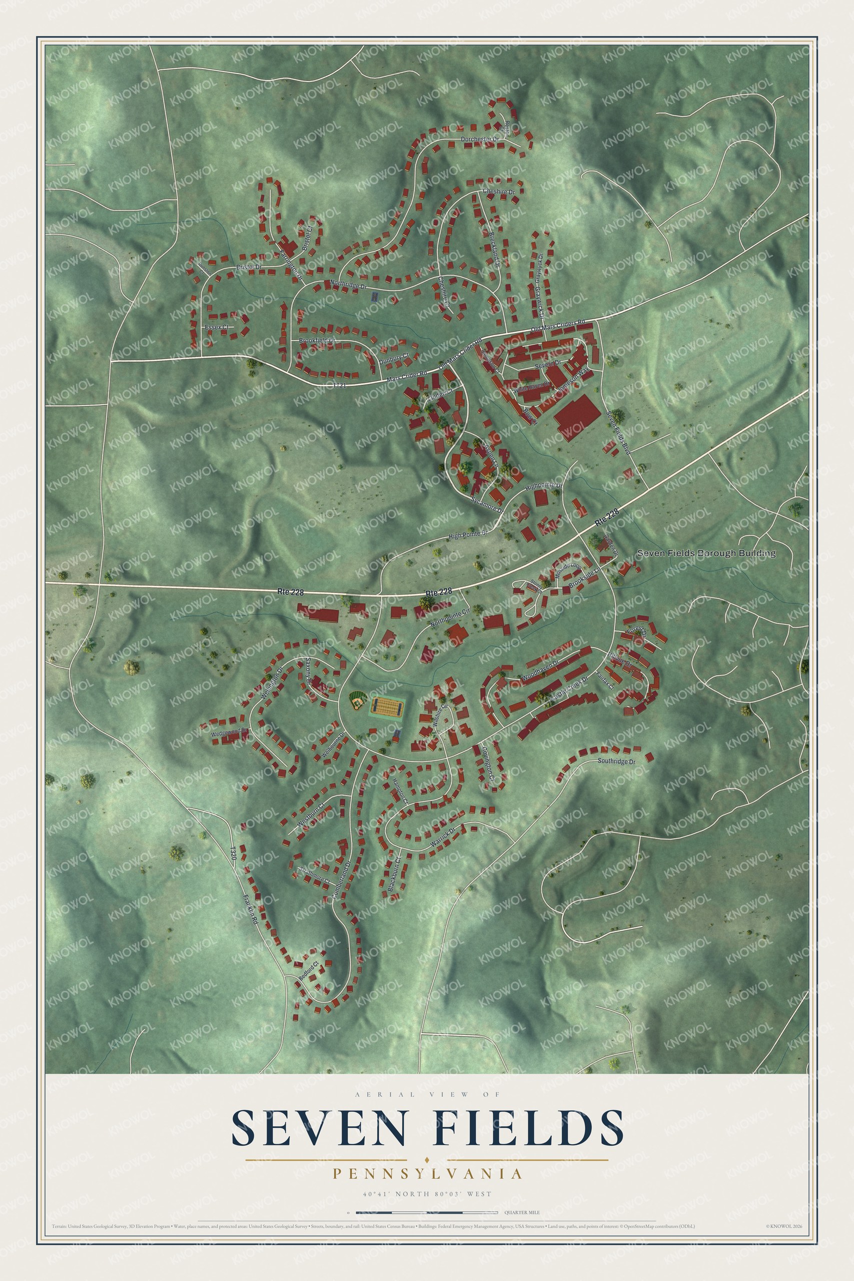 Full map of Seven Fields, Pennsylvania, with red buildings, printed street names and the land around them
