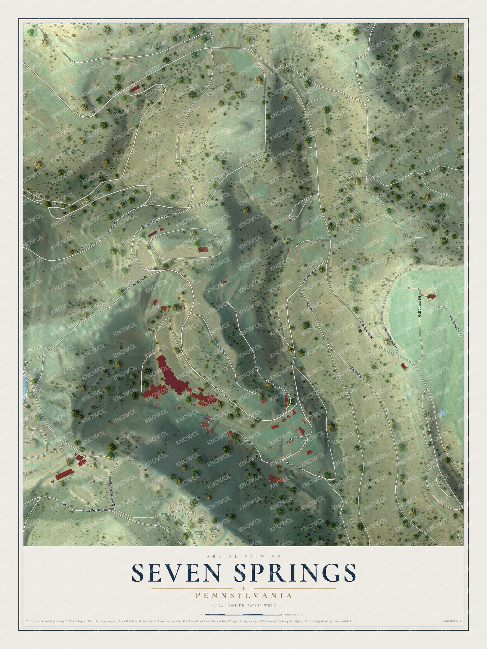 Full map of Seven Springs, Pennsylvania, with red buildings, printed street names and the land around them
