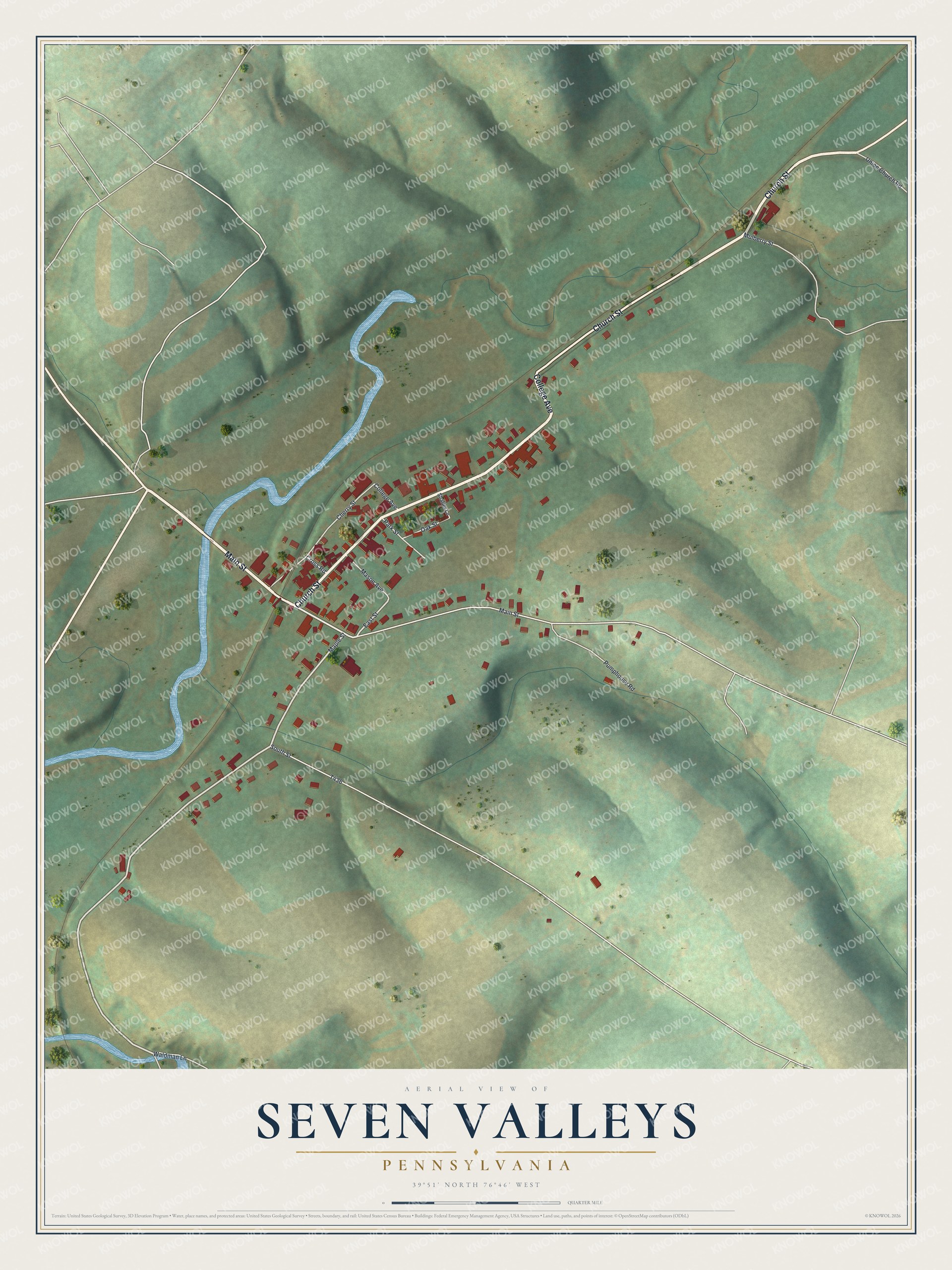 Full map of Seven Valleys, Pennsylvania, with red buildings, printed street names and the land around them