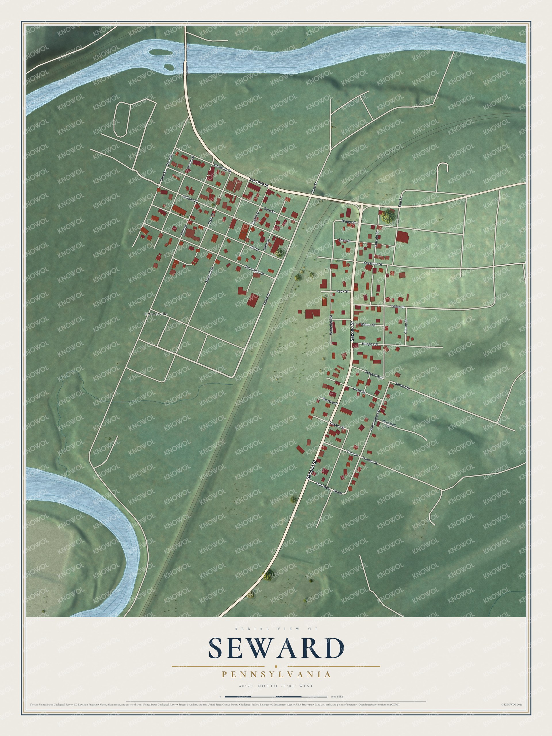 Full map of Seward, Pennsylvania, with red buildings, printed street names and the land around them
