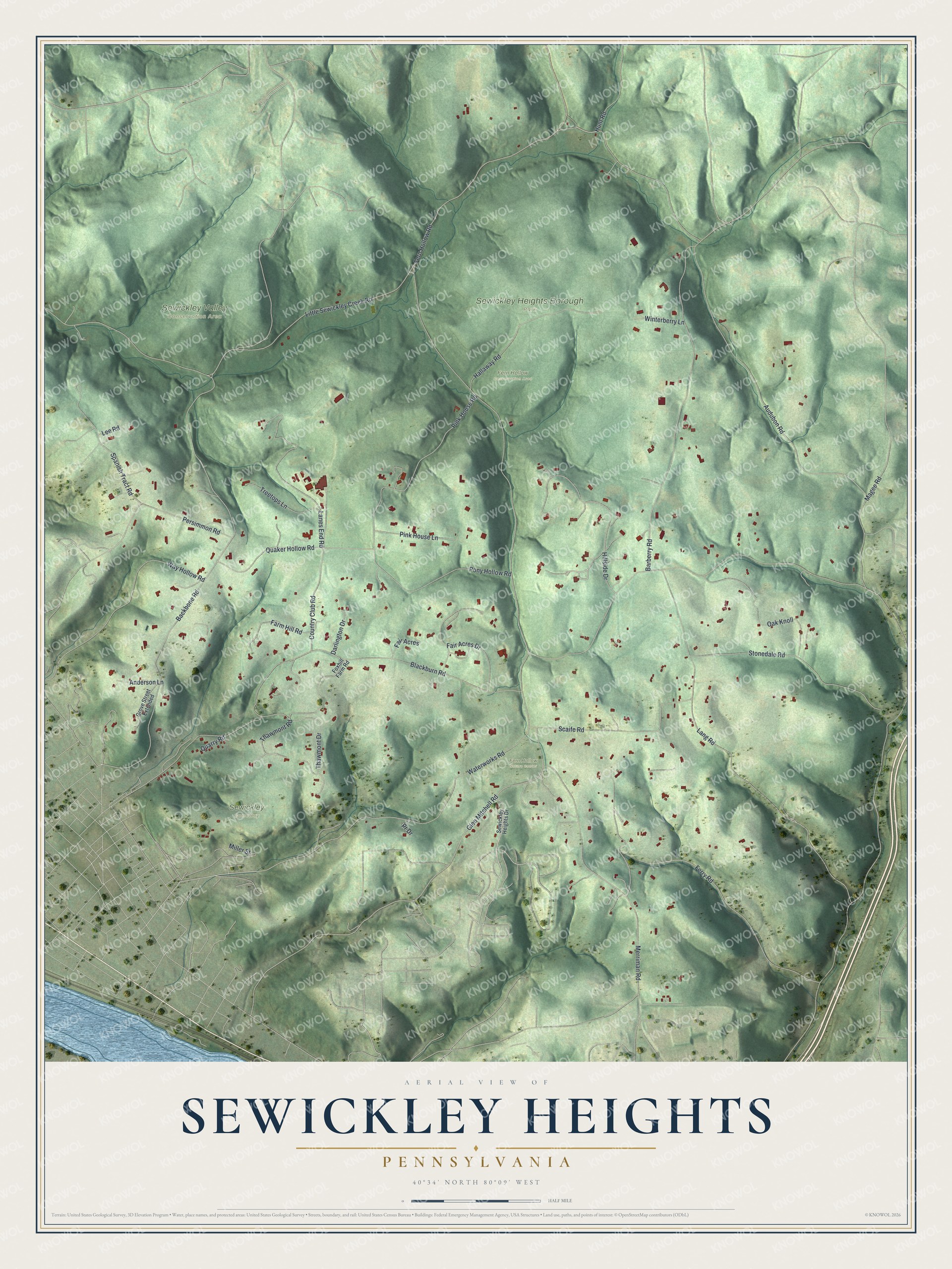 Full map of Sewickley Heights, Pennsylvania, with red buildings, printed street names and the land around them