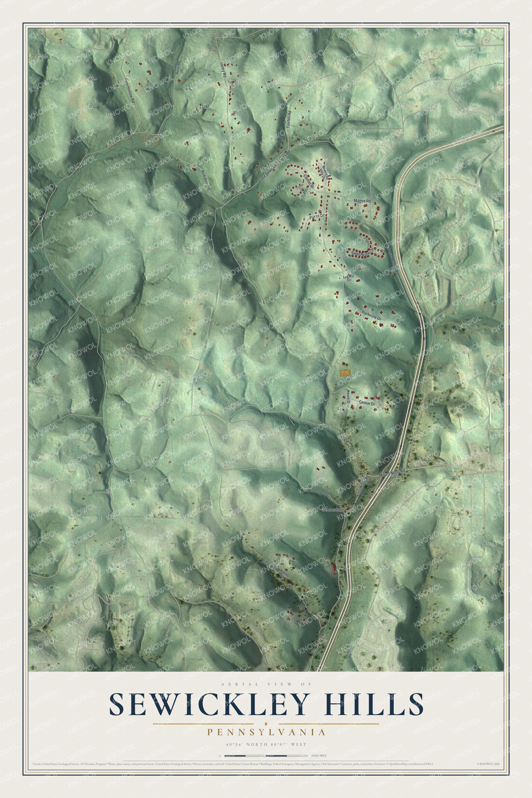 Full map of Sewickley Hills, Pennsylvania, with red buildings, printed street names and the land around them