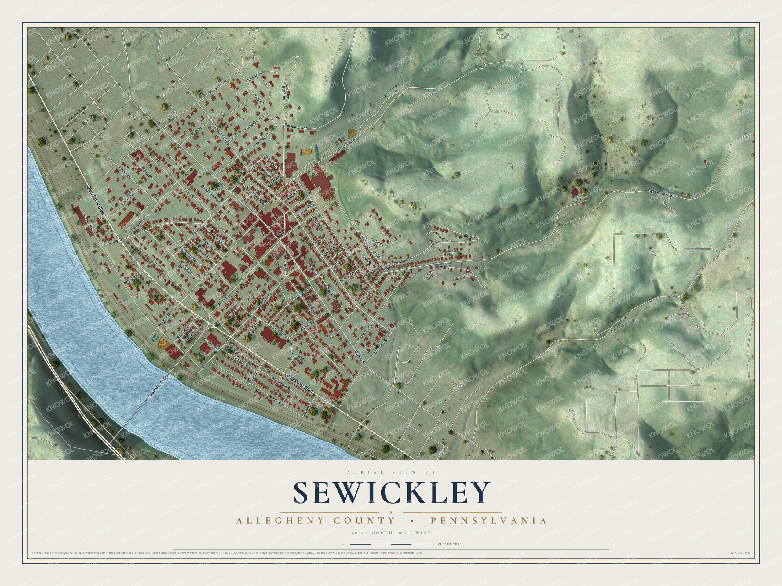 Full map of Sewickley, Allegheny County, Pennsylvania, with red buildings, printed street names and the land around them