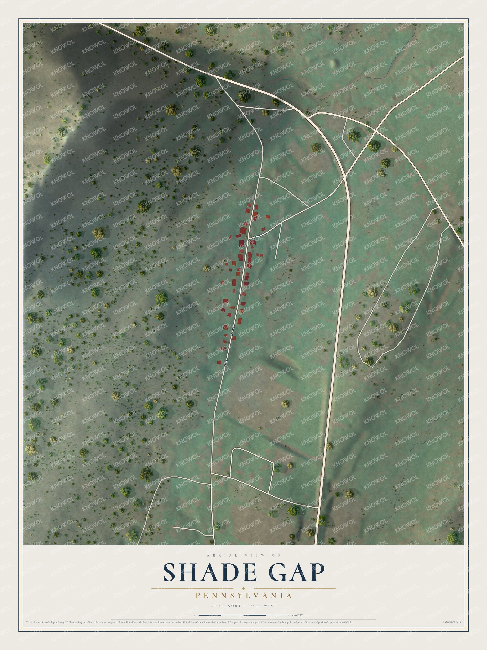Full map of Shade Gap, Pennsylvania, with red buildings, printed street names and the land around them
