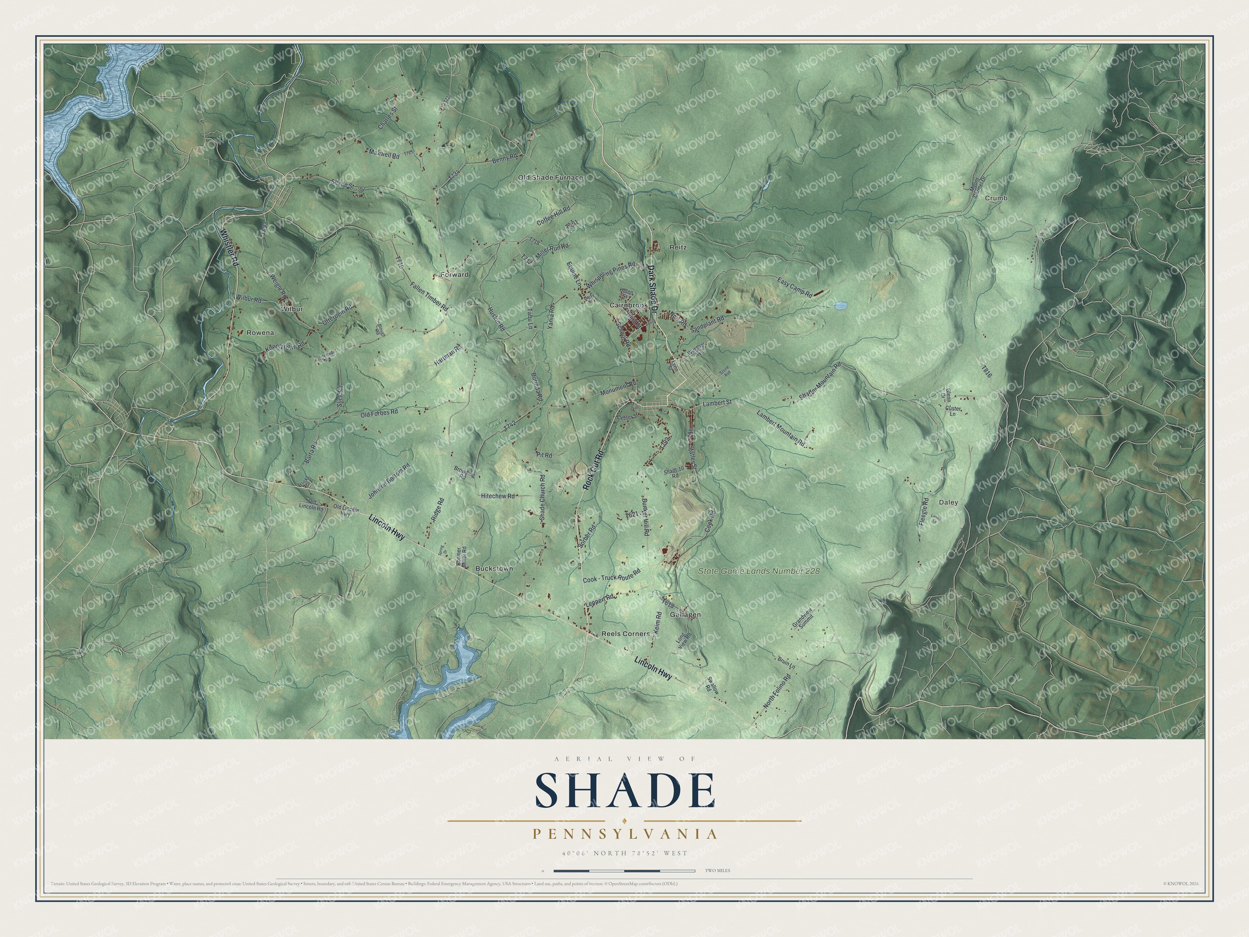 Full map of Shade, Pennsylvania, with red buildings, printed street names and the land around them