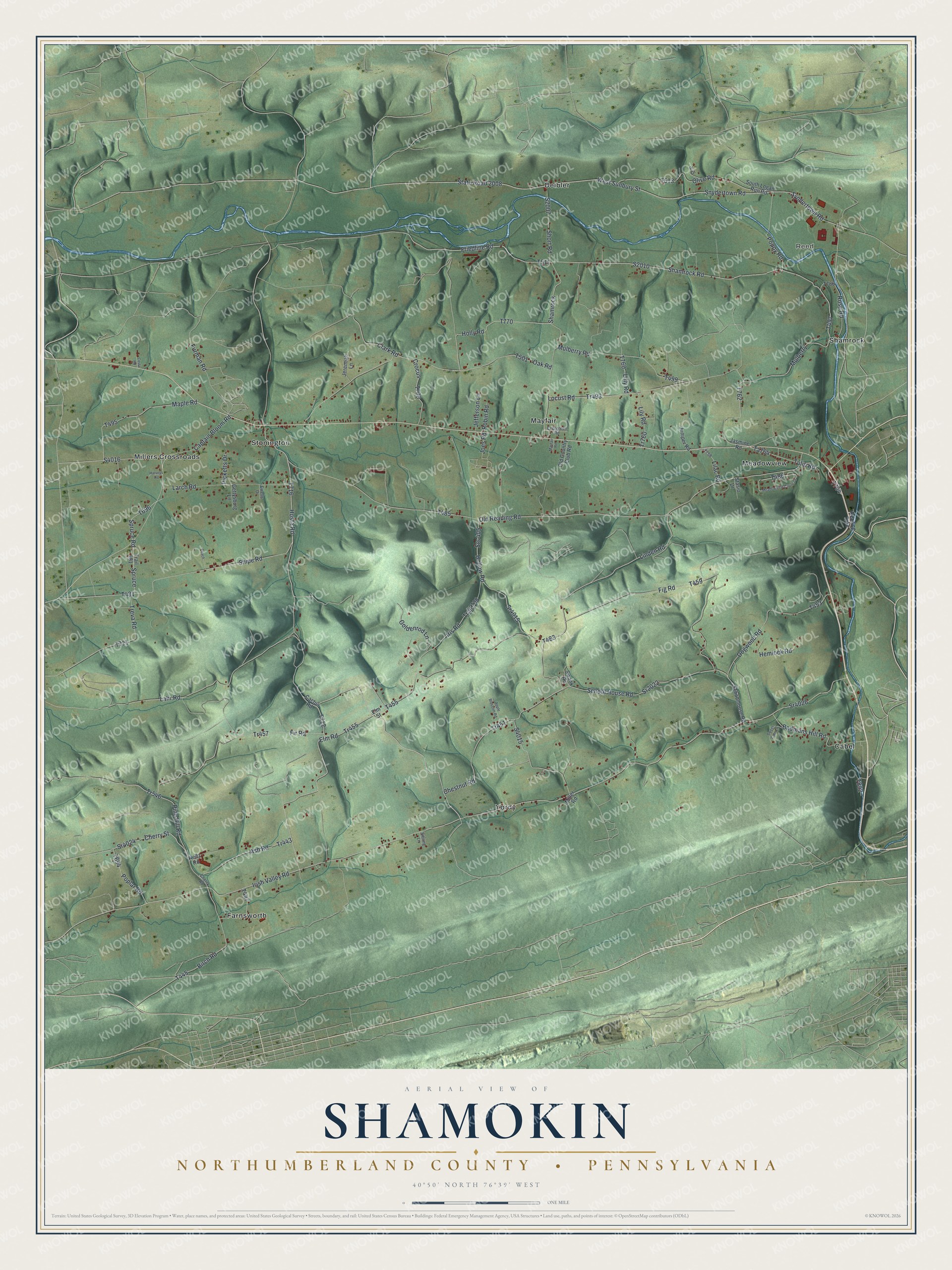 Full map of Shamokin Township, Pennsylvania, with red buildings, printed street names and the land around them