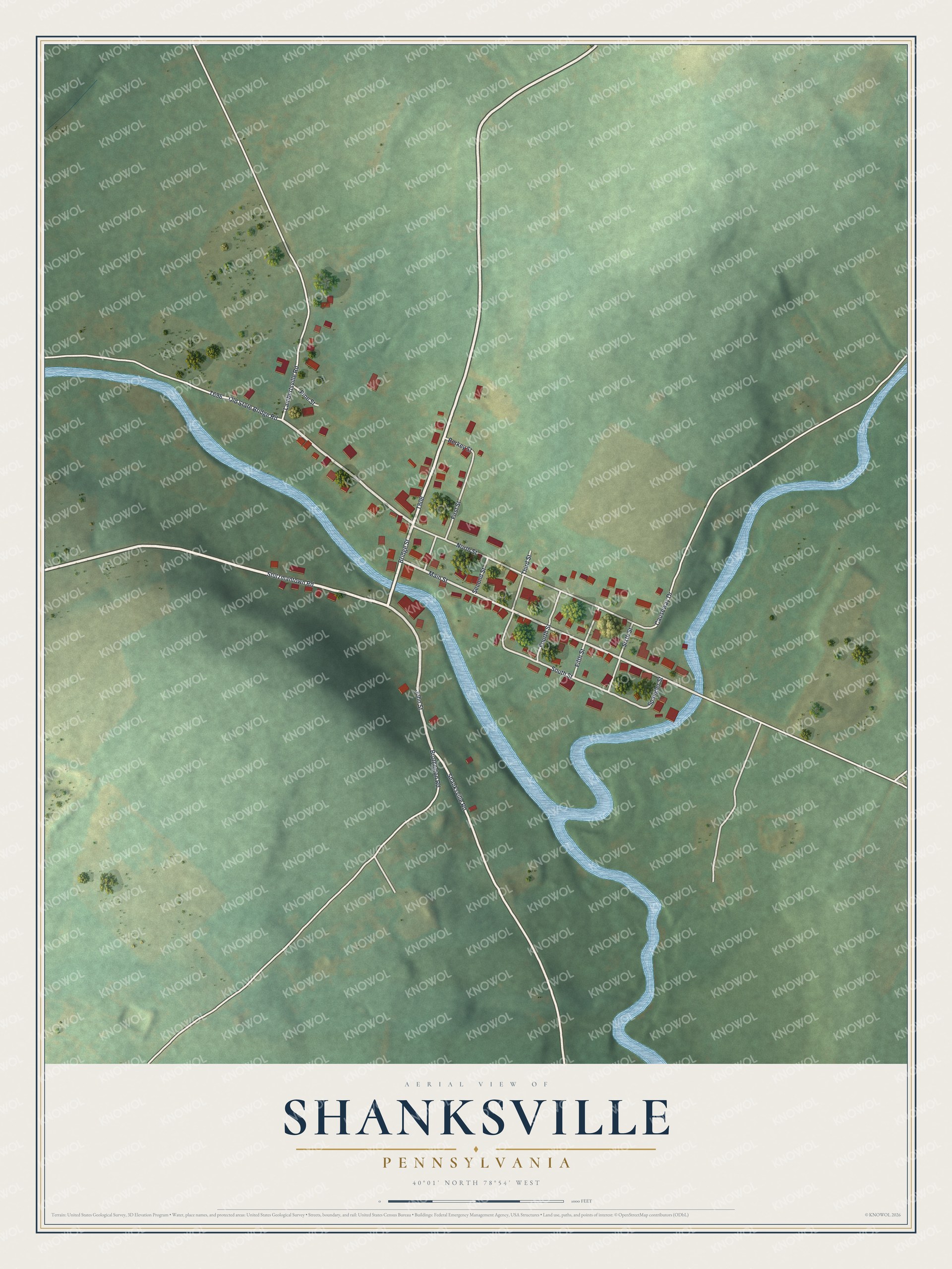 Full map of Shanksville, Pennsylvania, with red buildings, printed street names and the land around them