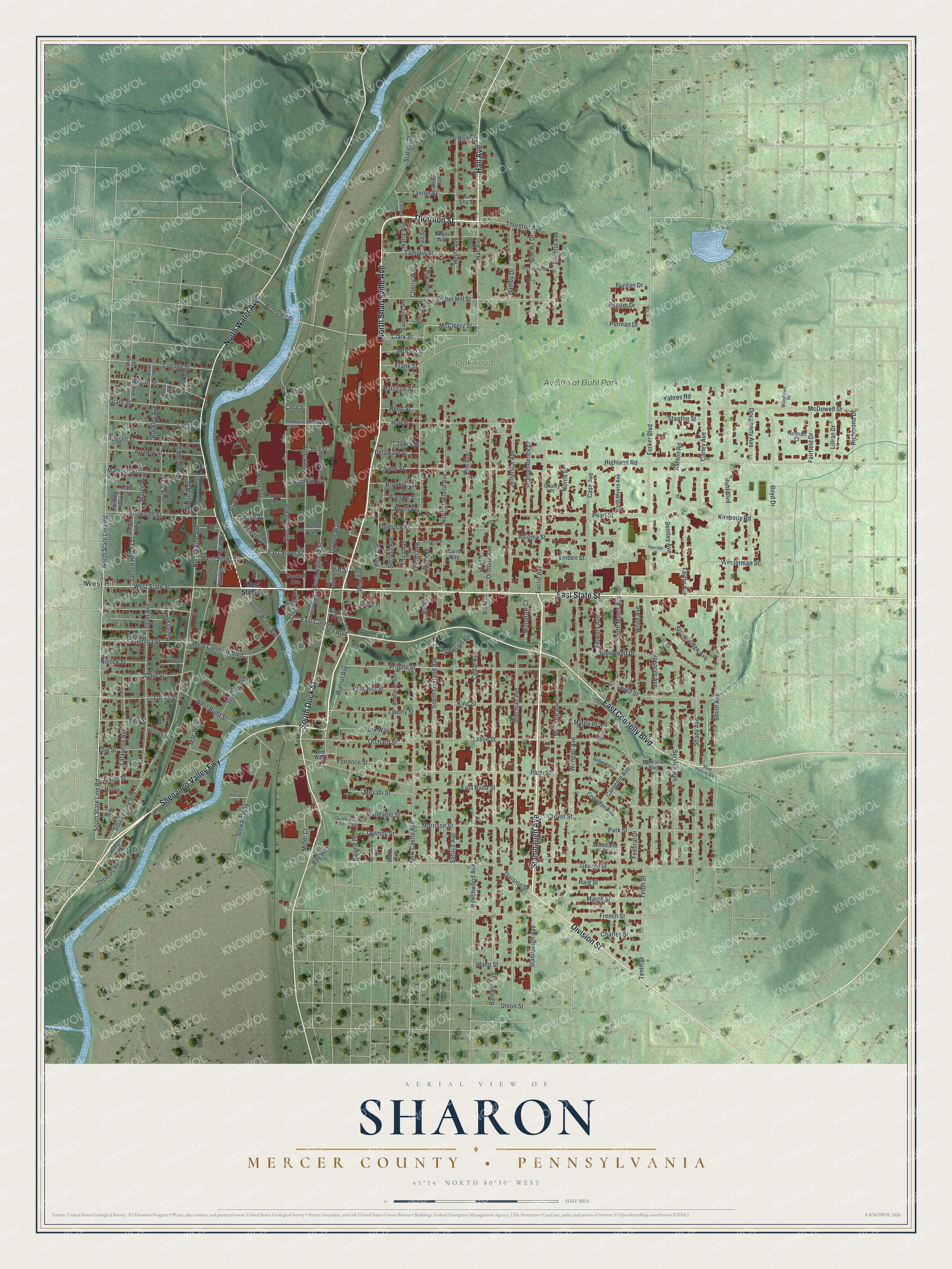 Full map of Sharon, Mercer County, Pennsylvania, with red buildings, printed street names and the land around them