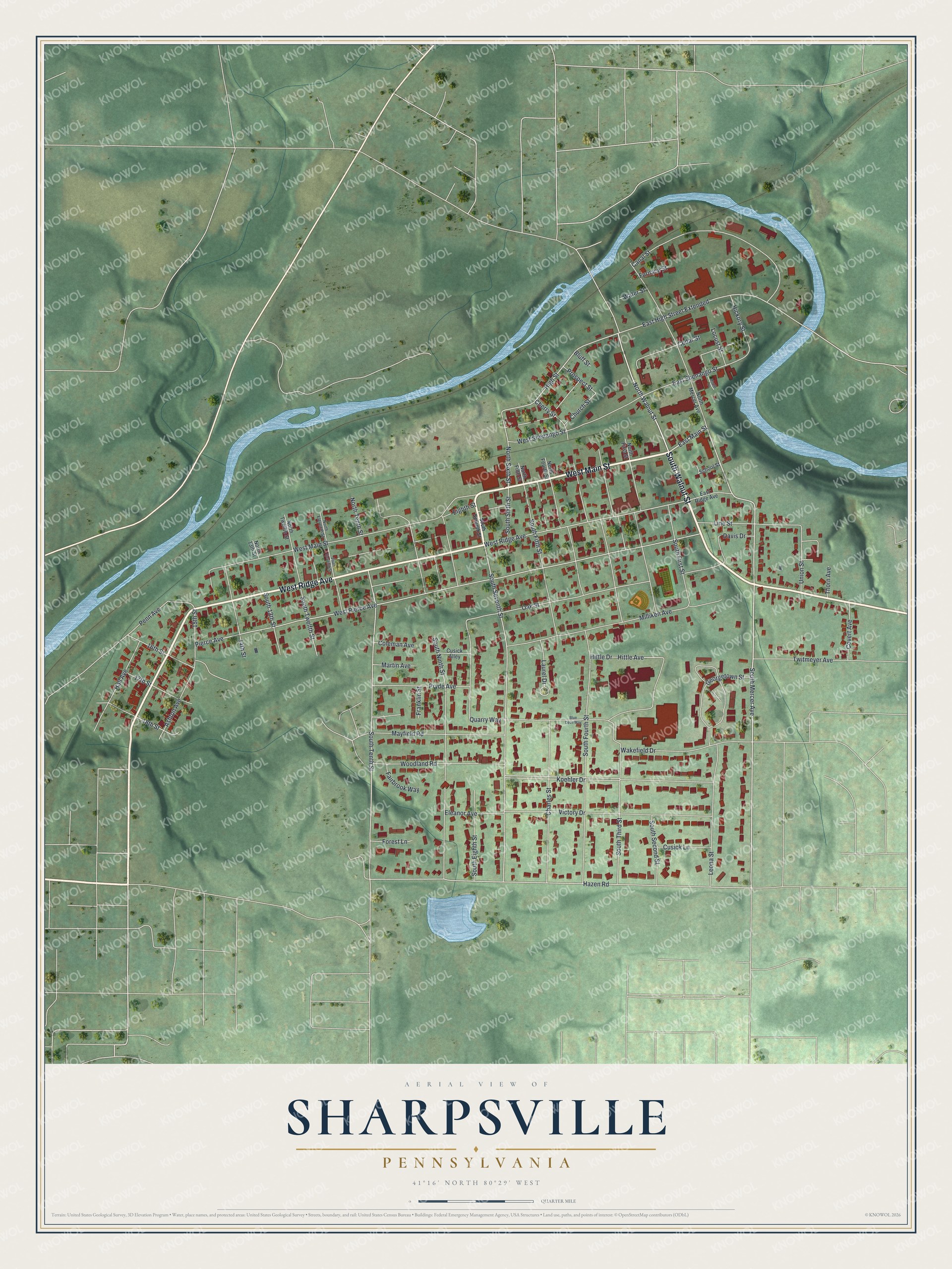 Full map of Sharpsville, Pennsylvania, with red buildings, printed street names and the land around them