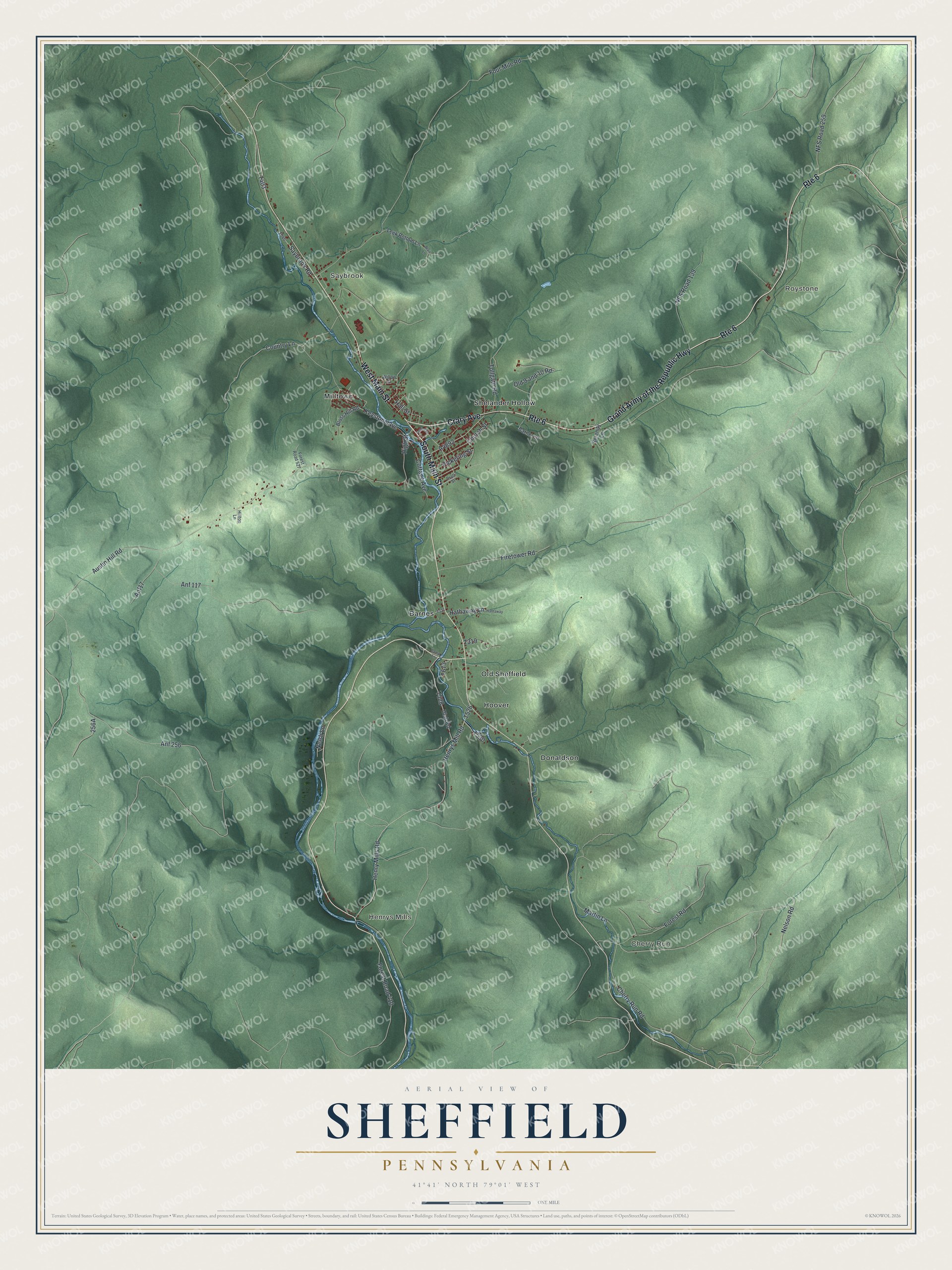 Full map of Sheffield, Pennsylvania, with red buildings, printed street names and the land around them