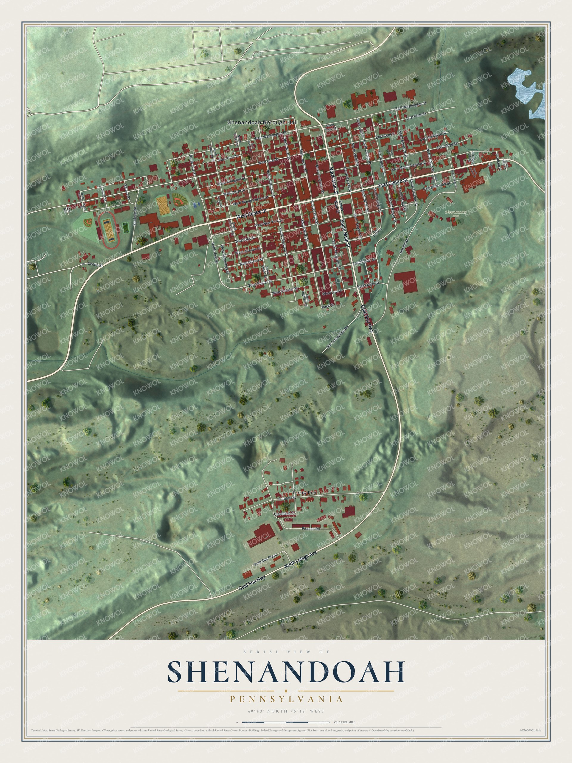 Full map of Shenandoah, Pennsylvania, with red buildings, printed street names and the land around them