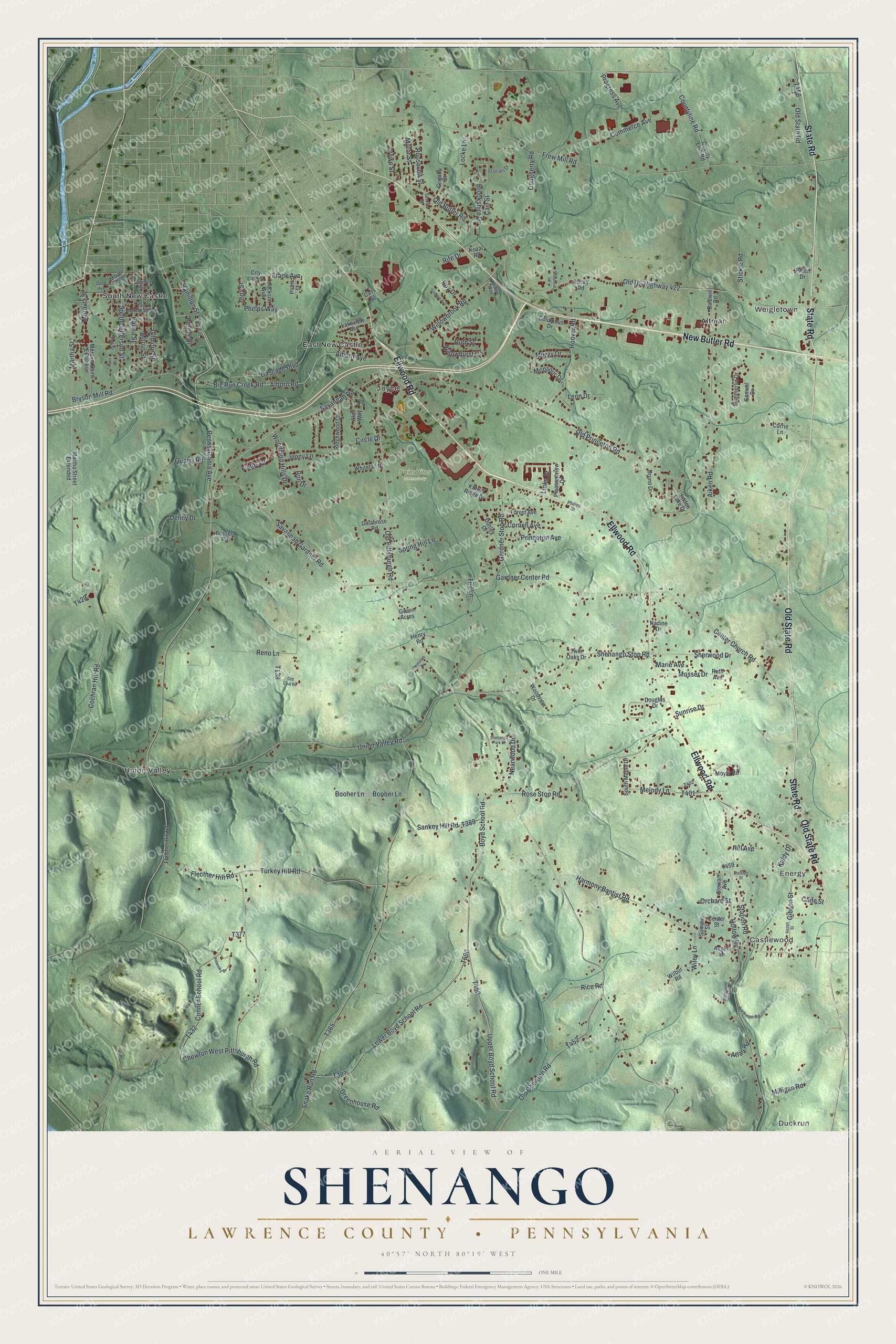 Shenango, Lawrence County map with green hills, red buildings, named roads and a cream title panel below the aerial view
