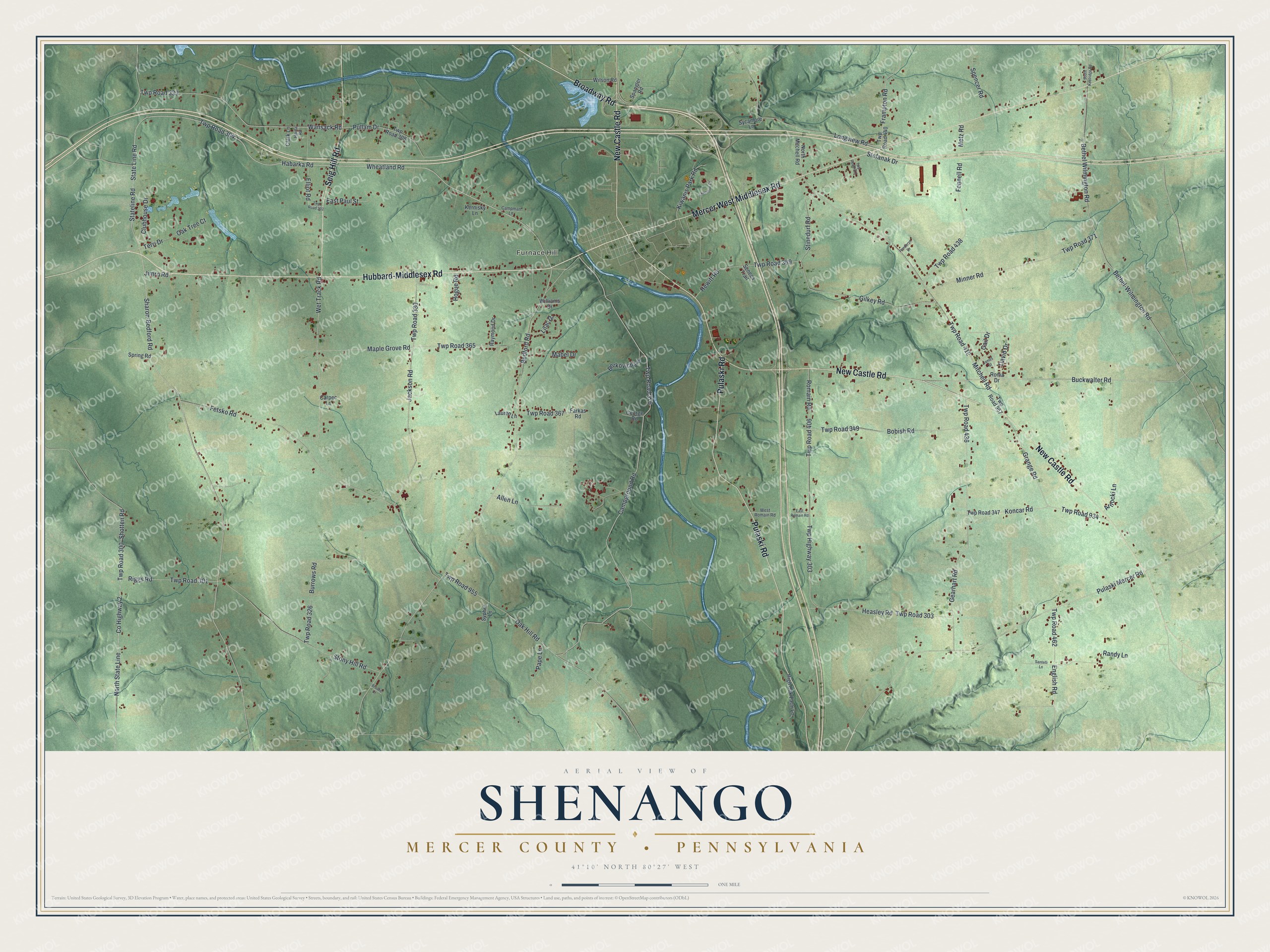 Full map of Shenango, Mercer County, Pennsylvania, with red buildings, printed street names and the land around them