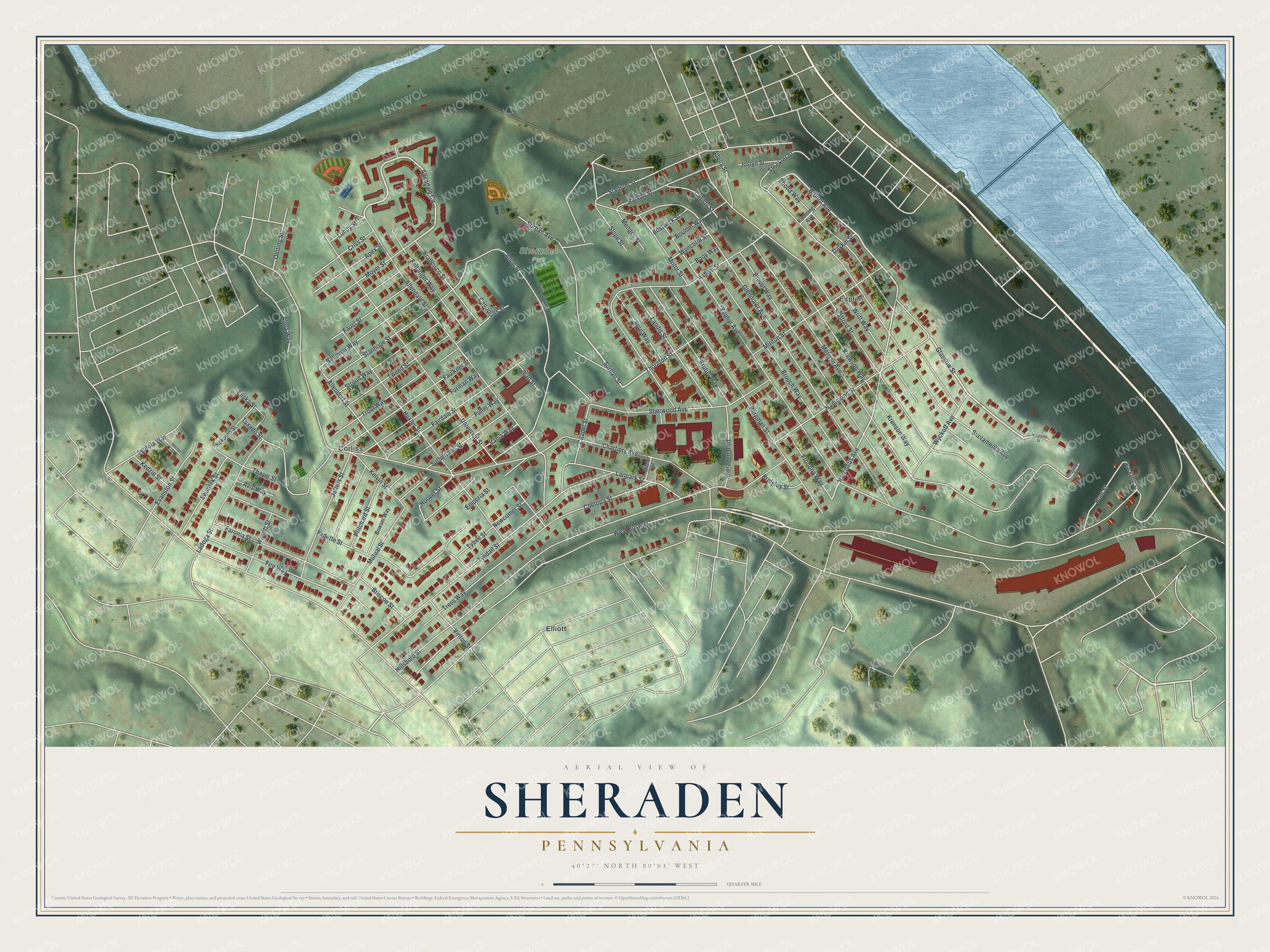 Aerial-style map of Sheraden, Pennsylvania, with red buildings on green hills, a blue river in the corner and a title panel below