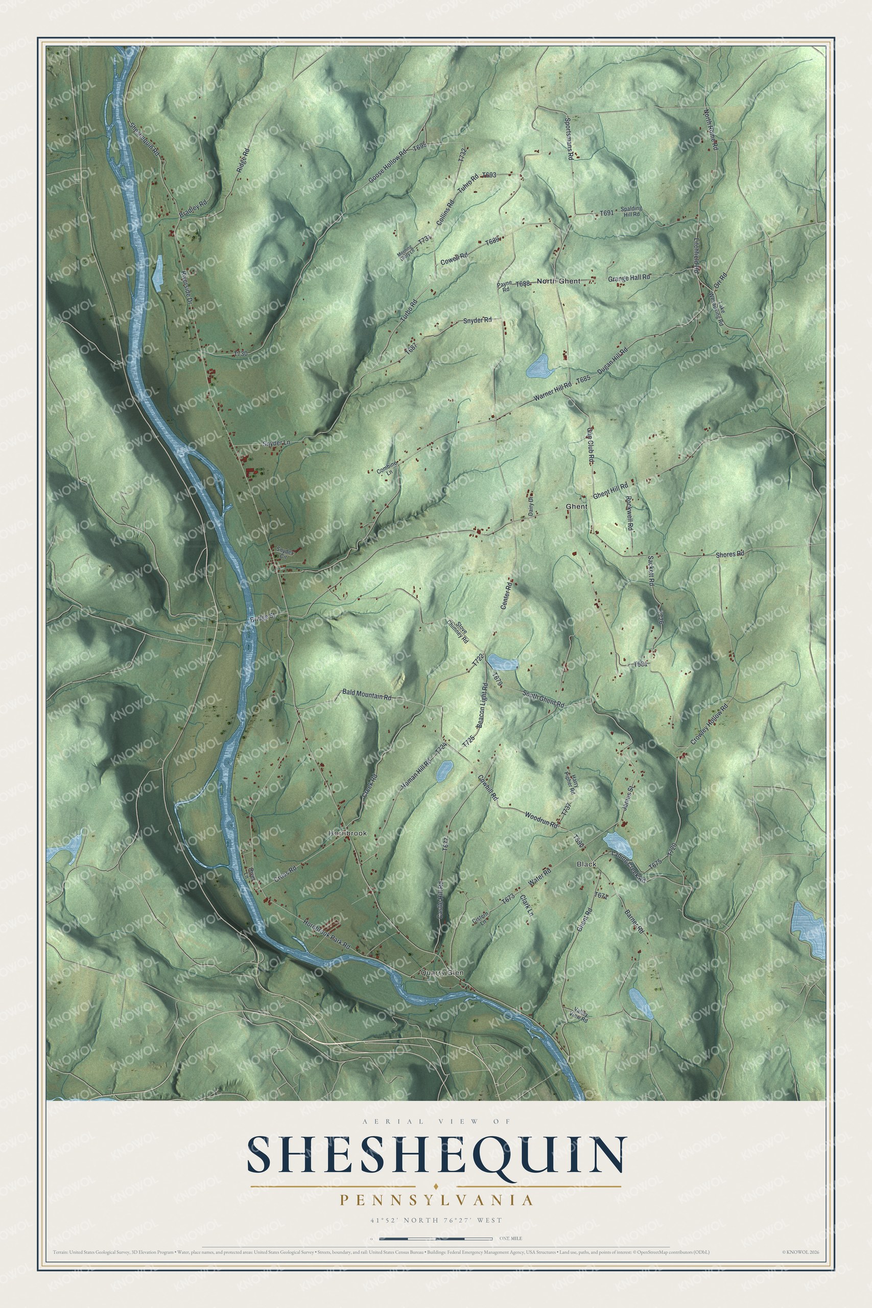 Full map of Sheshequin, Pennsylvania, with red buildings, printed street names and the land around them