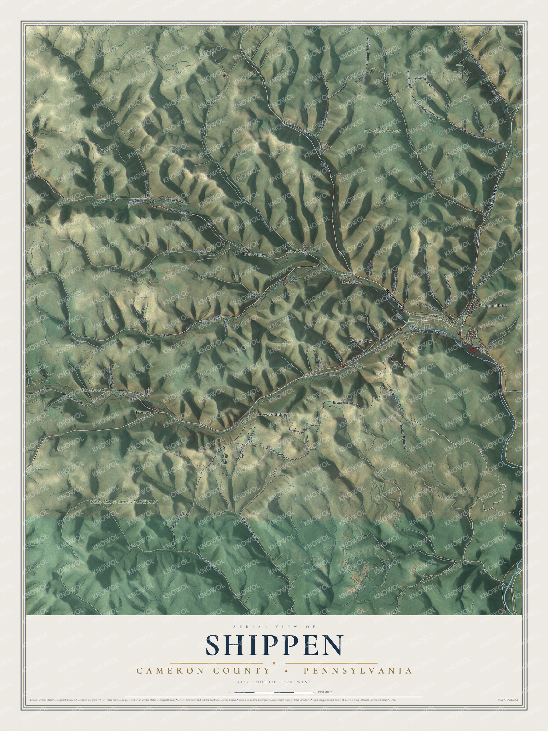 Full map of Shippen, Cameron County, Pennsylvania, with red buildings, printed street names and the land around them