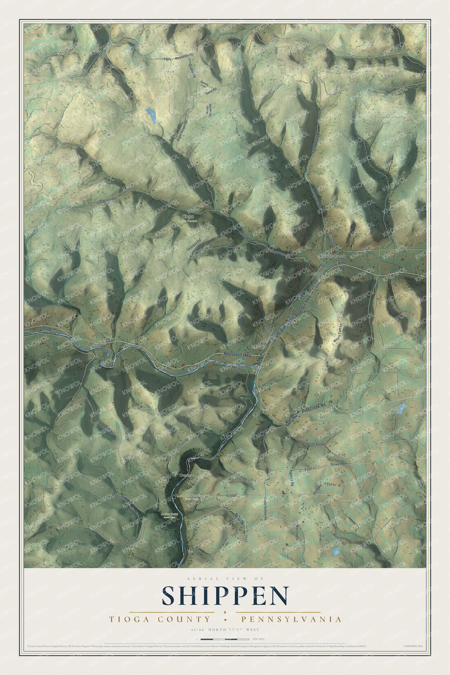 Full map of Shippen, Tioga County, Pennsylvania, with red buildings, printed street names and the land around them