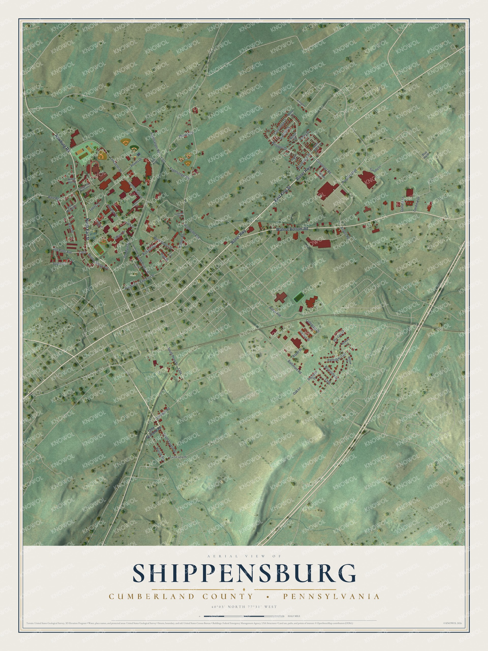 Full map of Shippensburg, Cumberland County, Pennsylvania, with red buildings, printed street names and the land around them