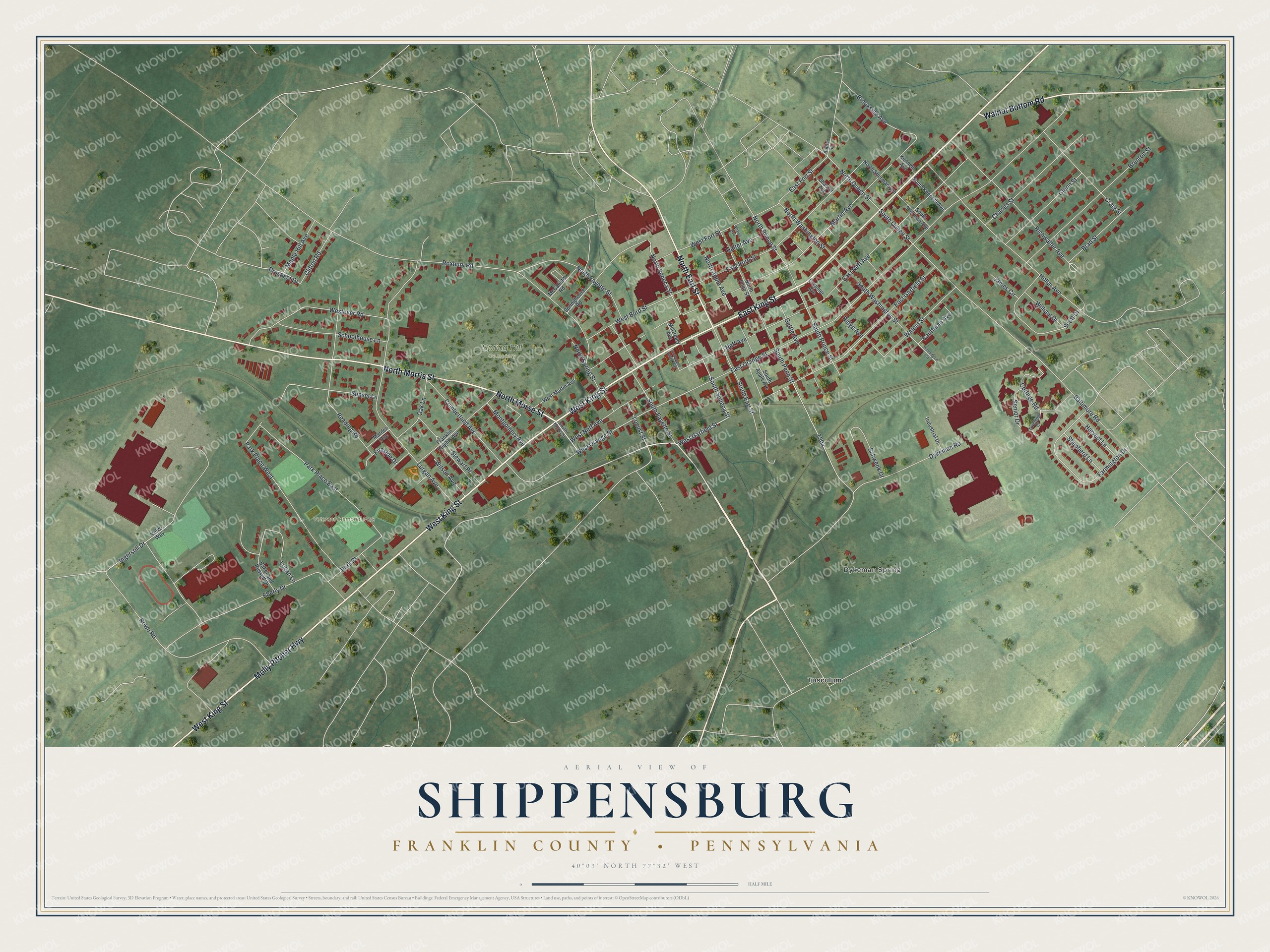 Full map of Shippensburg, Franklin County, Pennsylvania, with red buildings, printed street names and the land around them