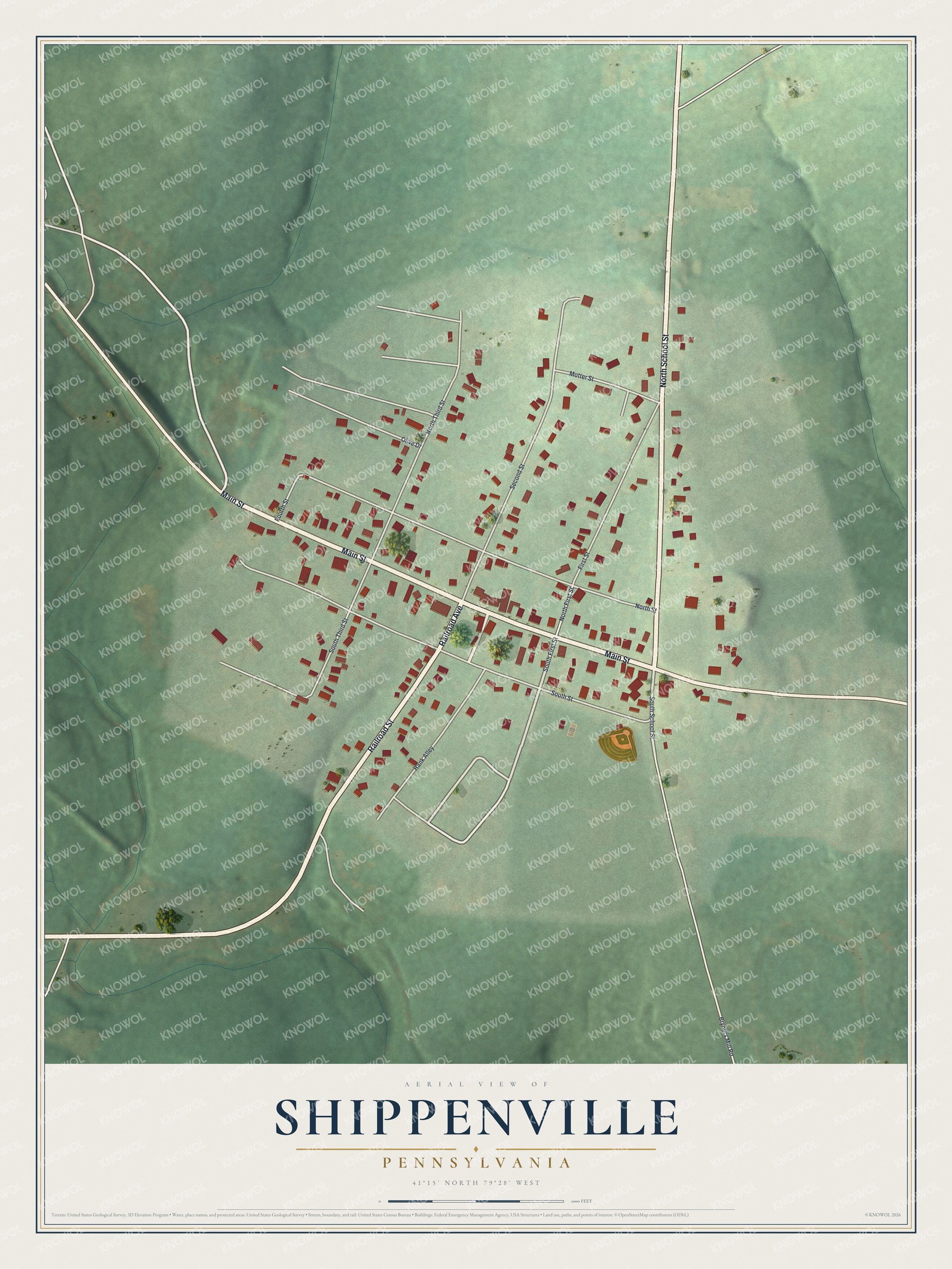 Full map of Shippenville, Pennsylvania, with red buildings, printed street names and the land around them