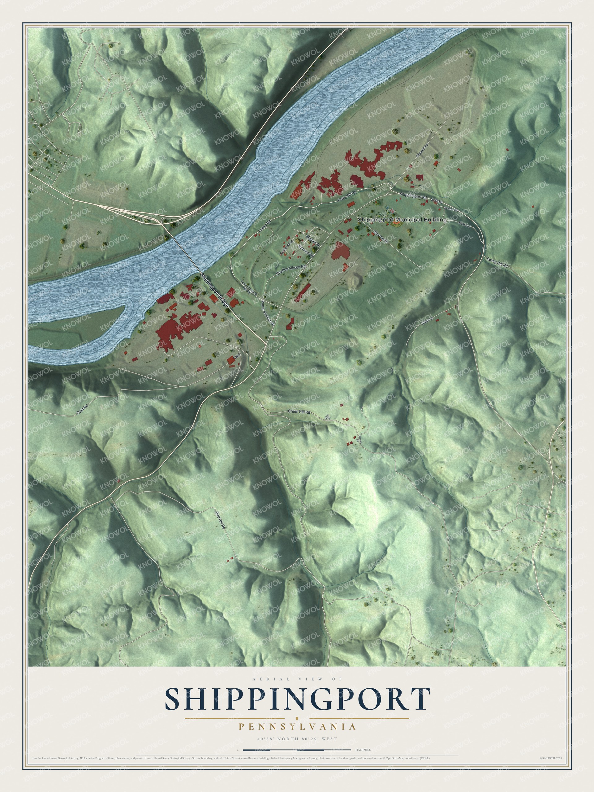 Full map of Shippingport, Pennsylvania, with red buildings, printed street names and the land around them