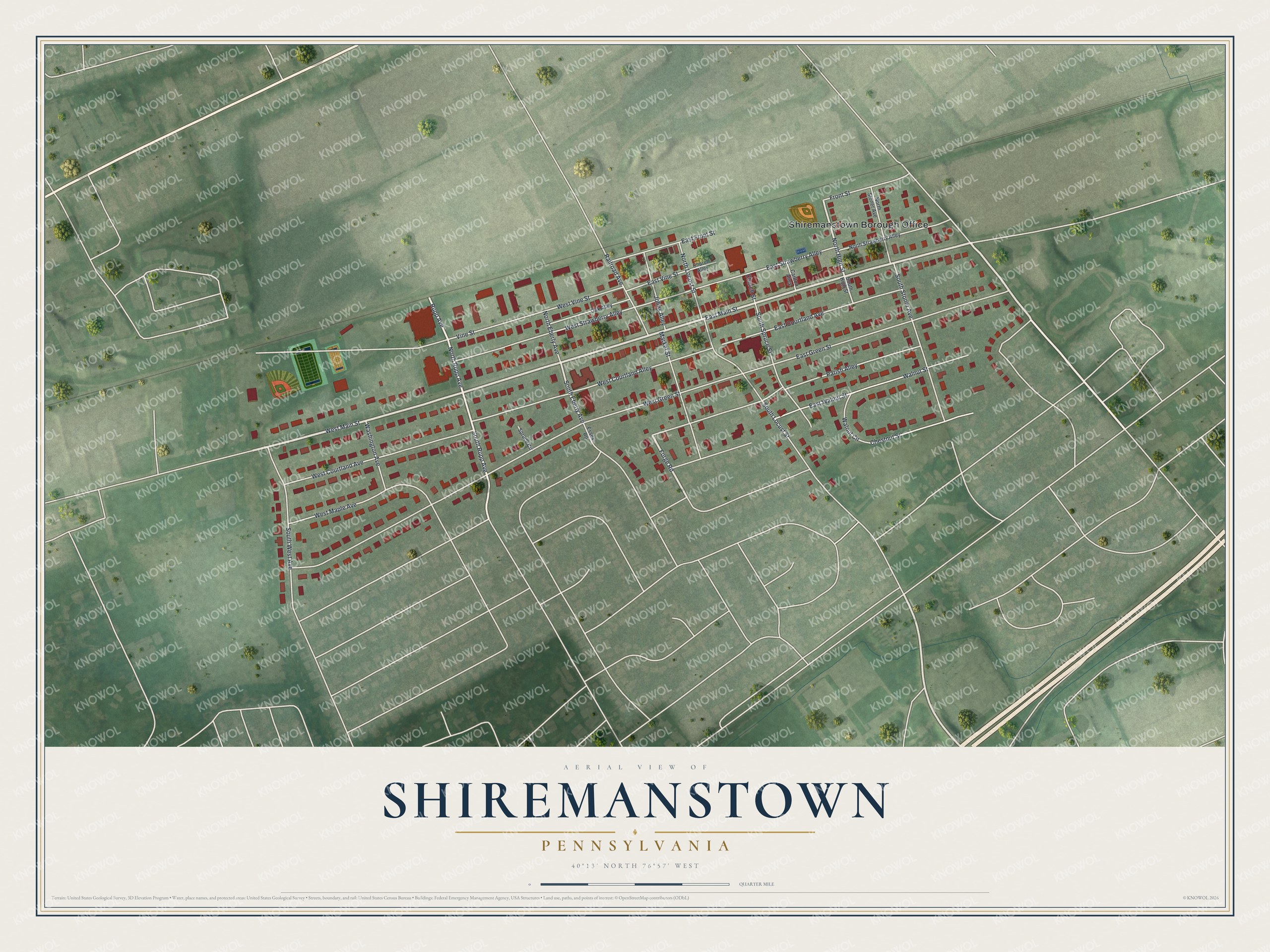 Full map of Shiremanstown, Pennsylvania, with red buildings, printed street names and the land around them