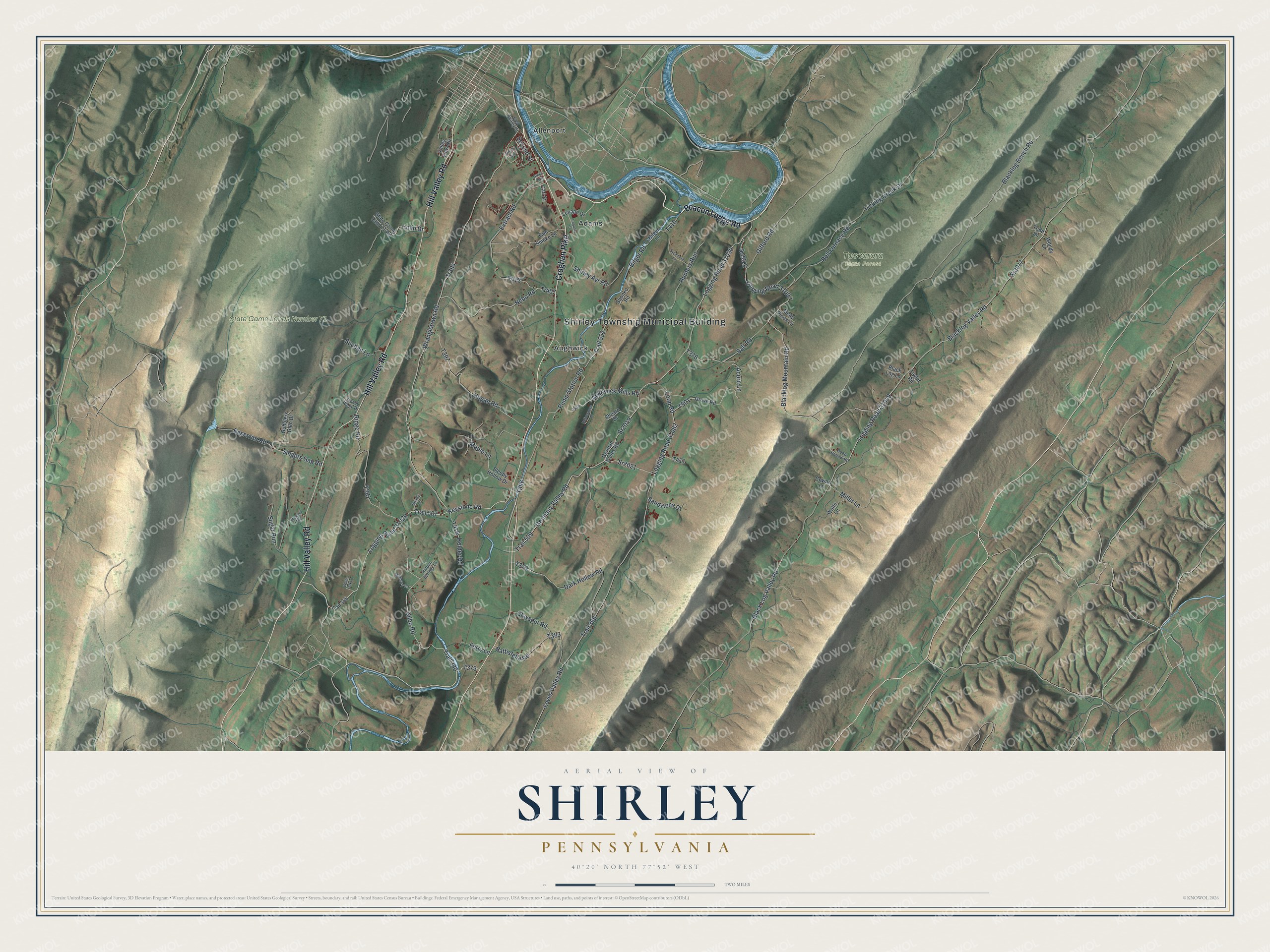 Full map of Shirley, Pennsylvania, with red buildings, printed street names and the land around them