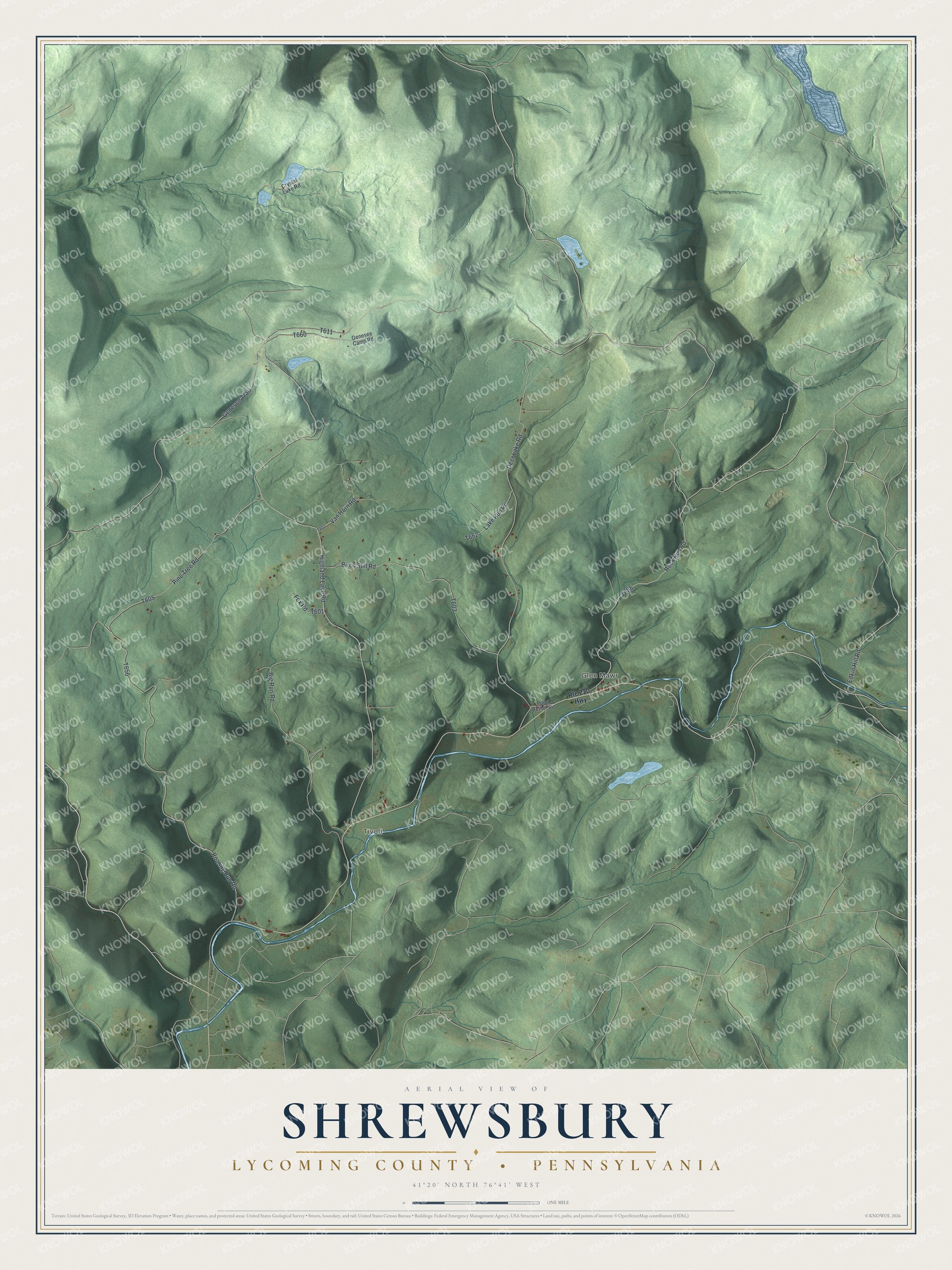 Full map of Shrewsbury, Lycoming County, Pennsylvania, with red buildings, printed street names and the land around them