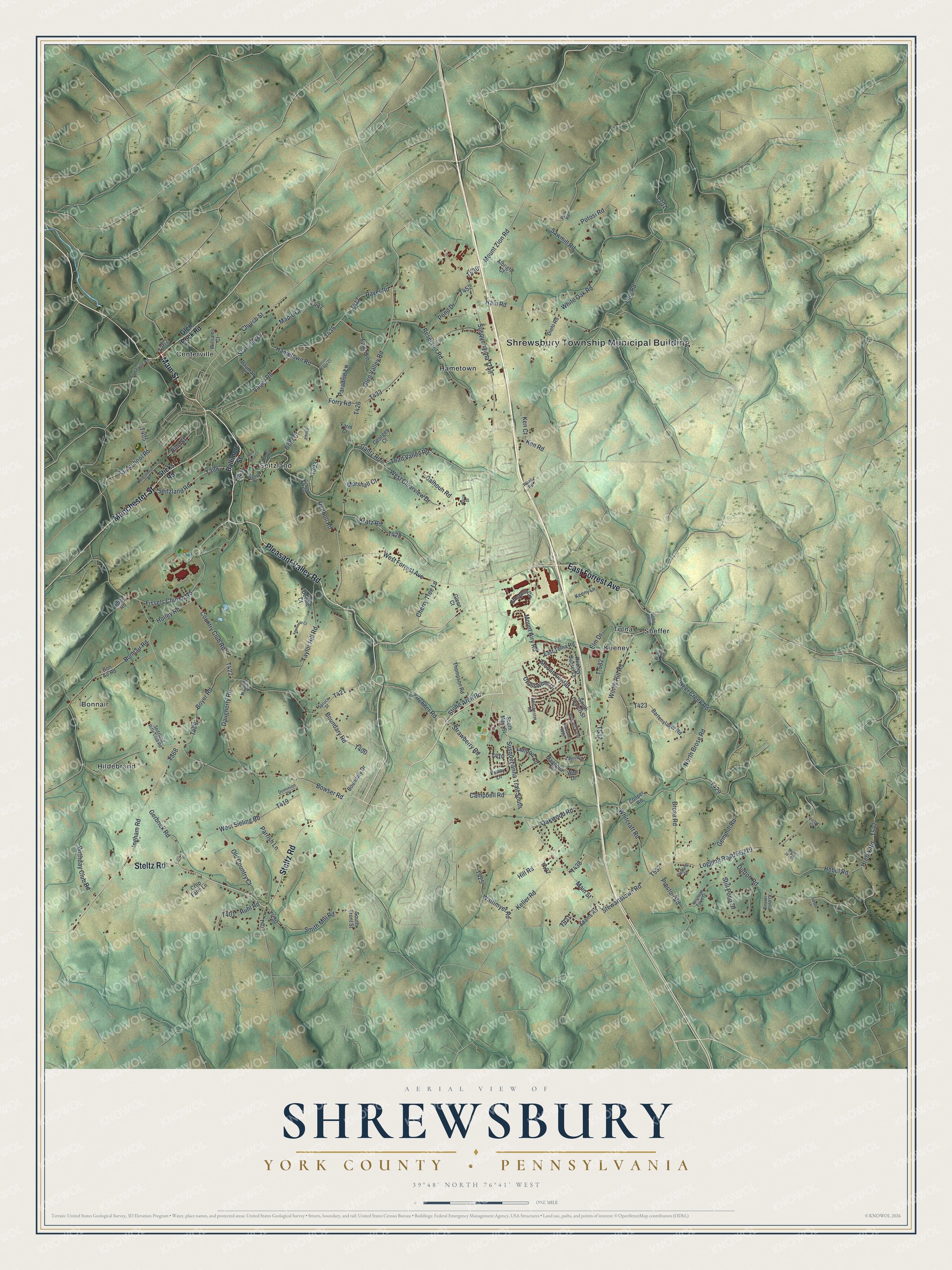 Full map of Shrewsbury Township, York County, Pennsylvania, with red buildings, printed street names and the land around them