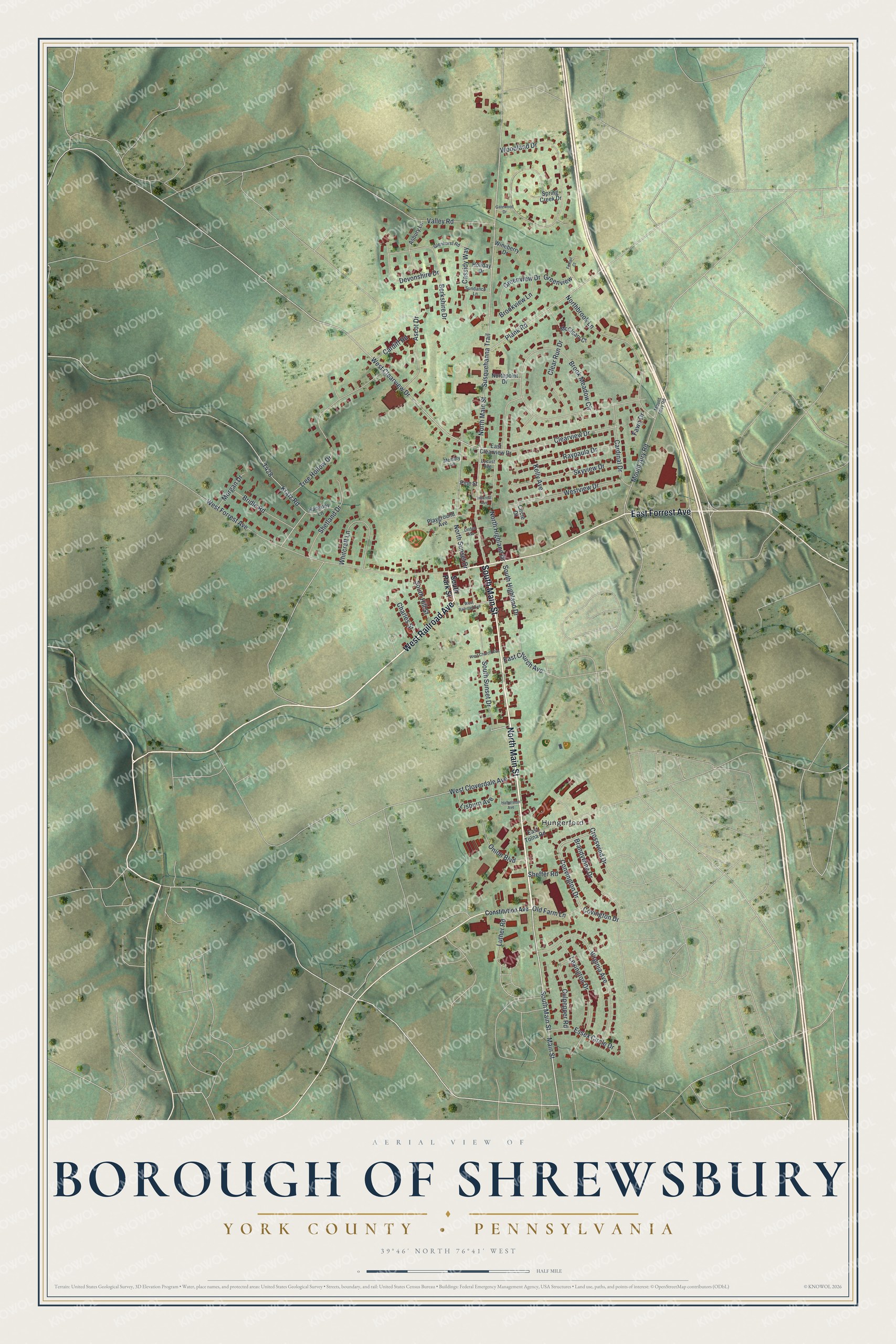 Full map of Shrewsbury Borough, York County, Pennsylvania, with red buildings, printed street names and the land around them