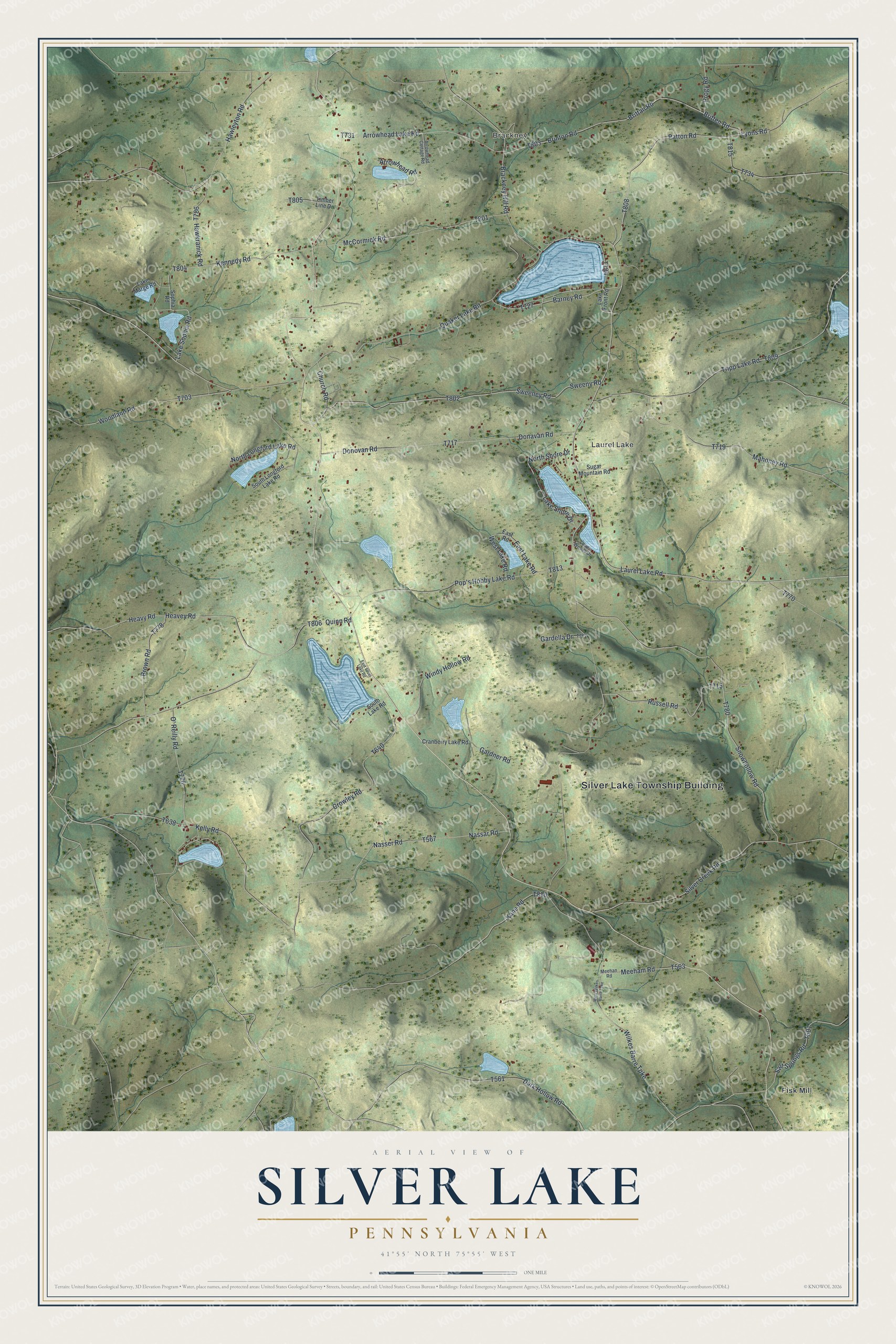 Full map of Silver Lake, Pennsylvania, with red buildings, printed street names and the land around them
