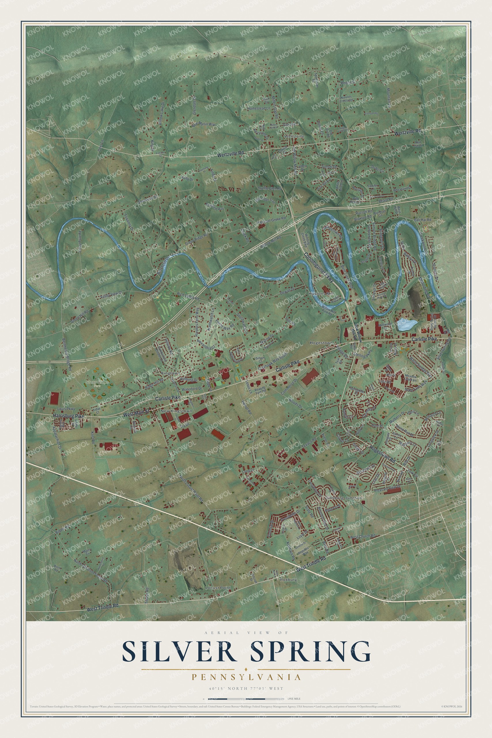Full map of Silver Spring, Pennsylvania, with red buildings, printed street names and the land around them