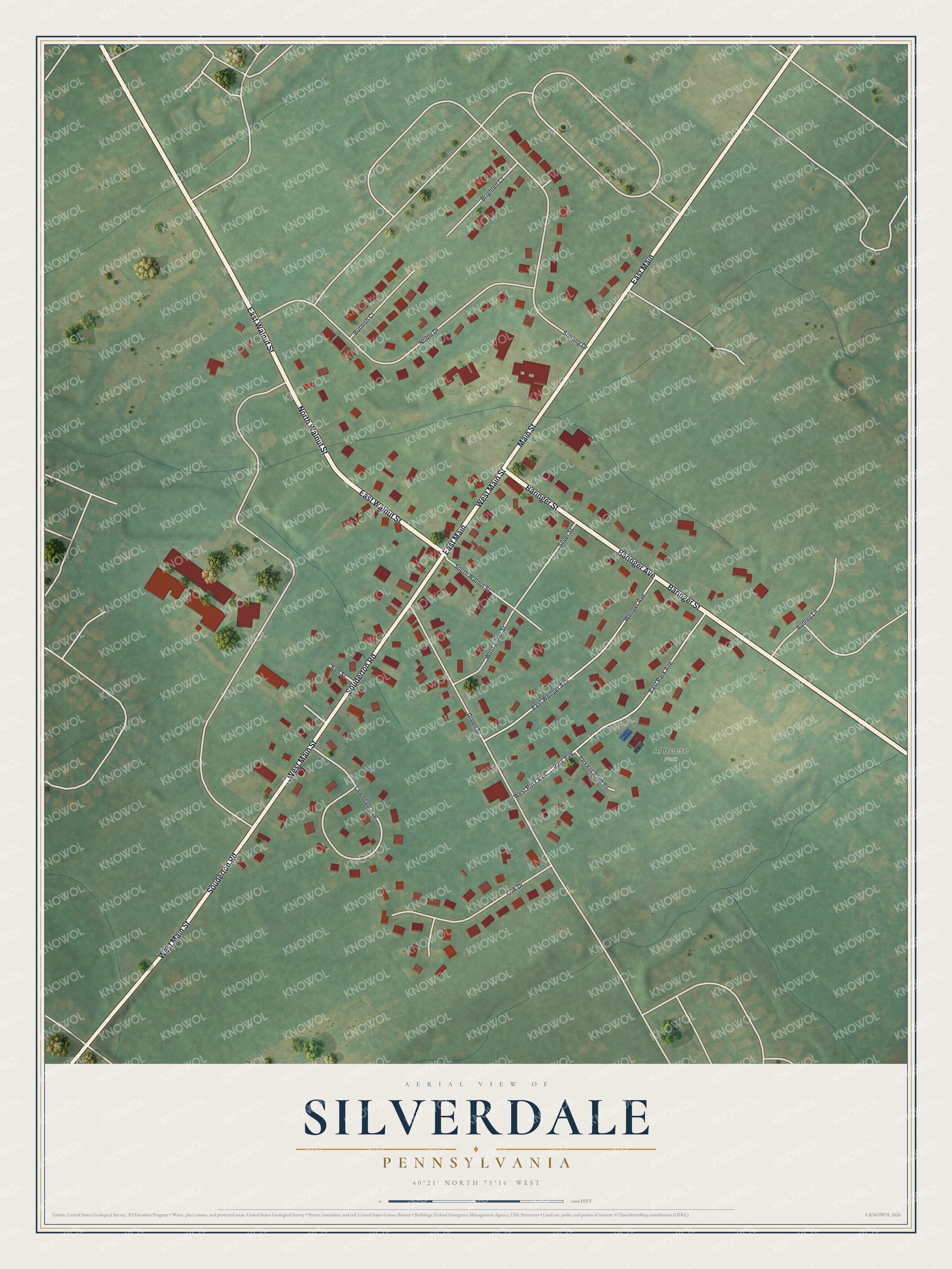 Full map of Silverdale, Pennsylvania, with red buildings, printed street names and the land around them