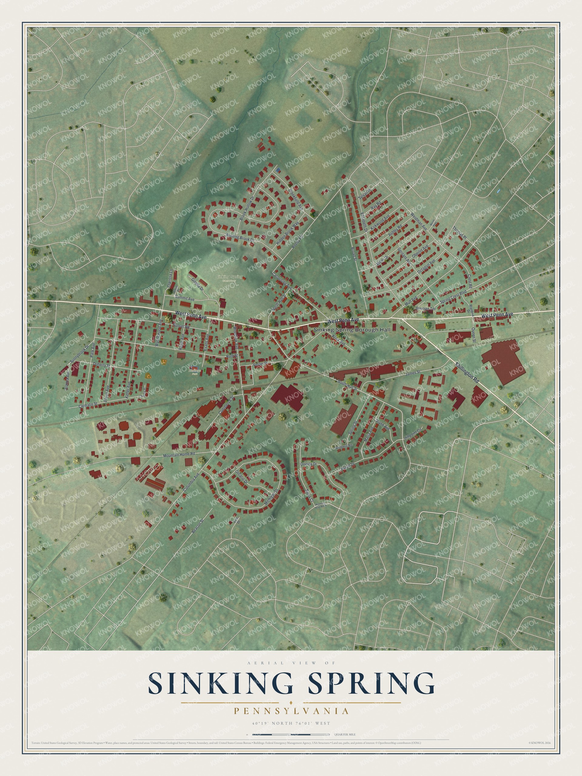 Full map of Sinking Spring, Pennsylvania, with red buildings, printed street names and the land around them