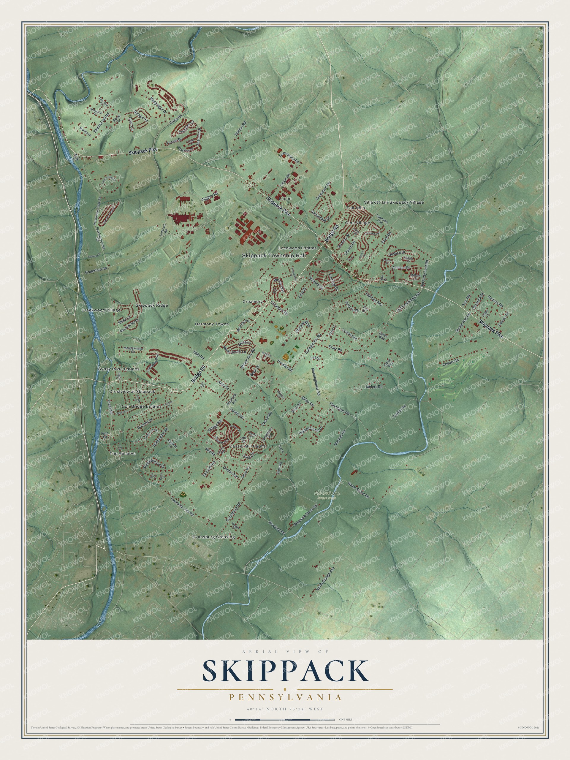 Full map of Skippack, Pennsylvania, with red buildings, printed street names and the land around them