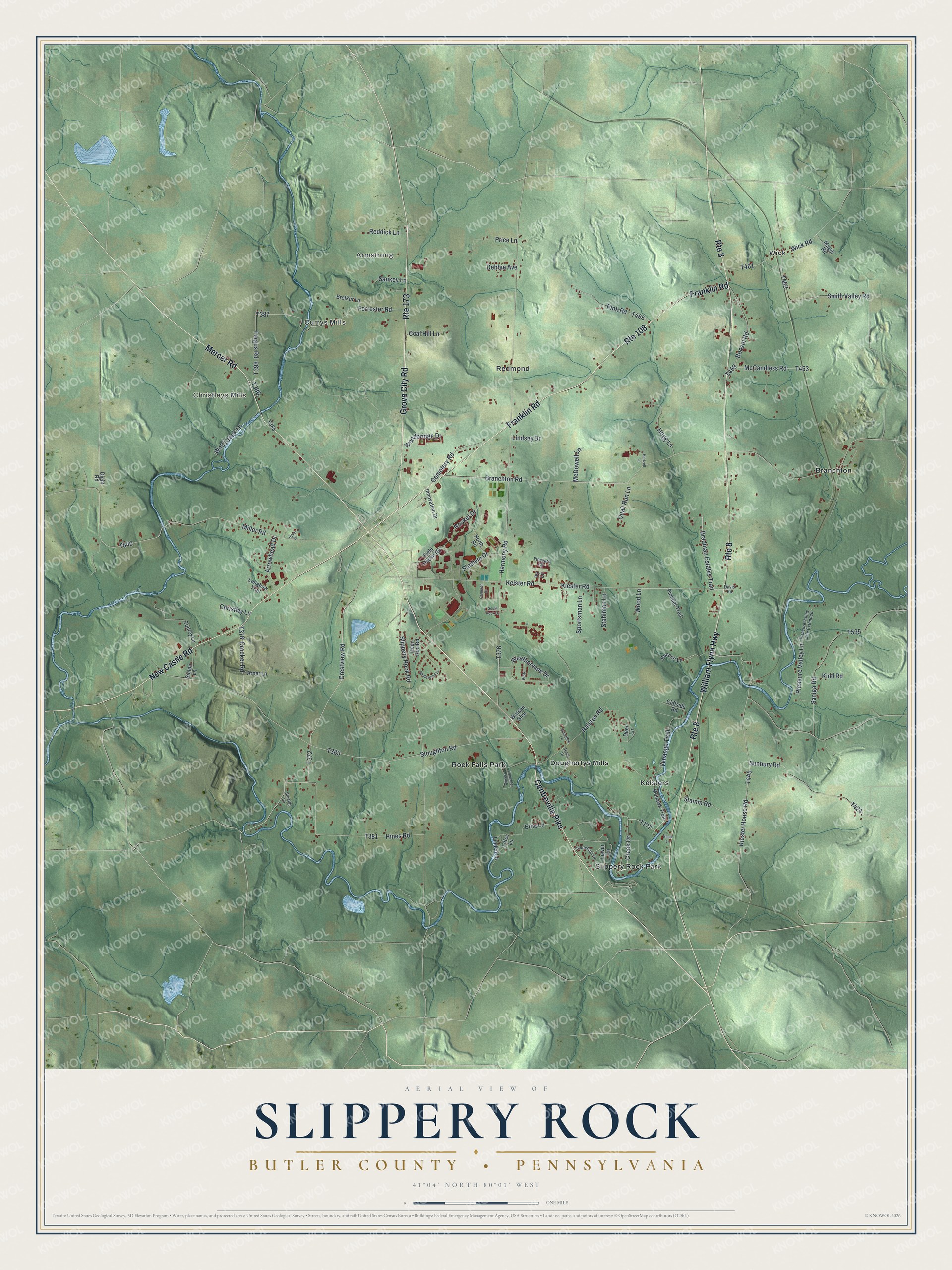 Full map of Slippery Rock Township, Butler County, Pennsylvania, with red buildings, printed street names and the land around them